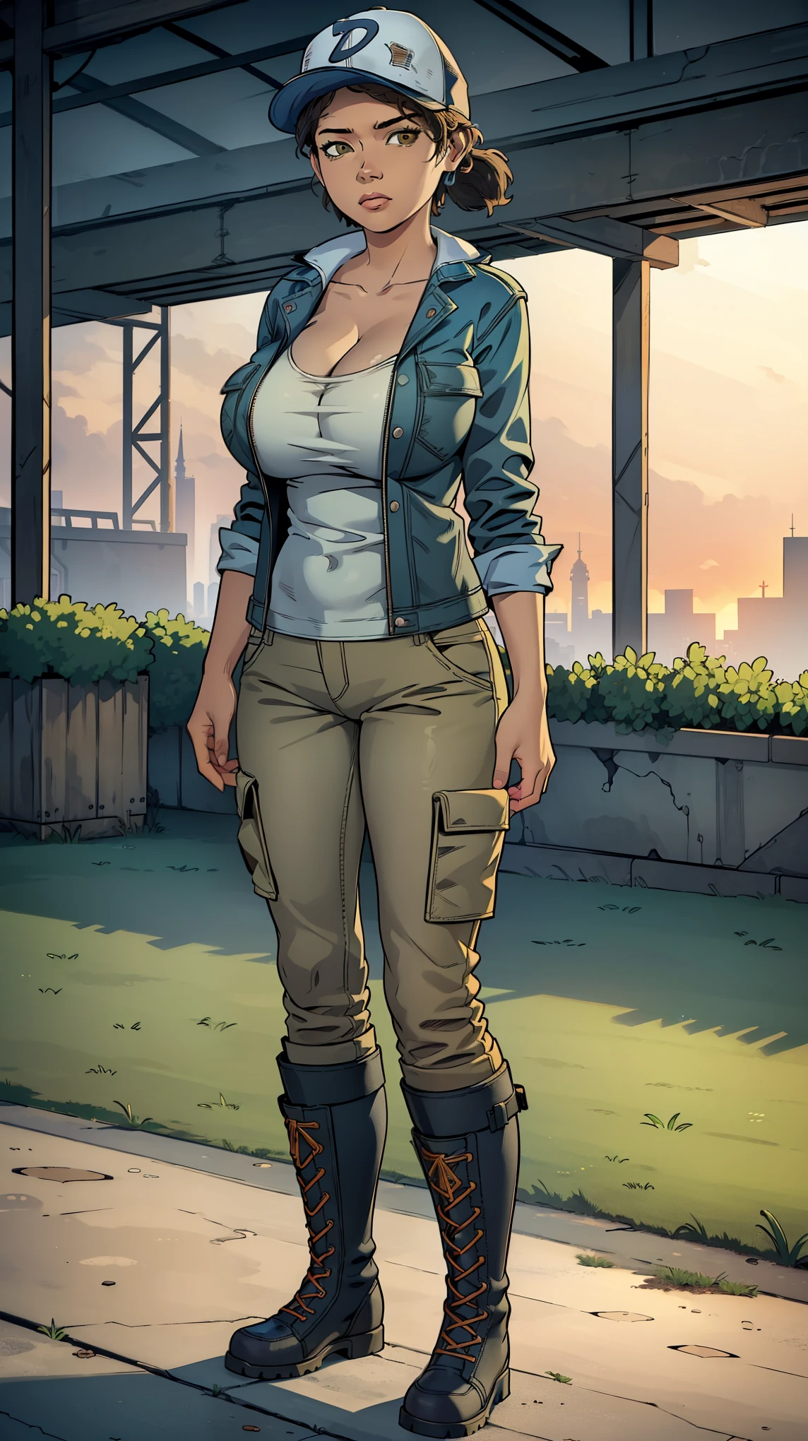 ((masterpiece, best quality)),(complex lighting) ,solo,(((1girl))) ,clementine, light skin,light-skinned female, baseball cap, green cargo pants, brown eyes, tight pants, combat boots, shirt, short hair, one short ponytail, open denim jacket, huge butt, thicc butt , (((8k))), (((full body))), (((bent over))), (((looking at the viewer))), (((view from in front of her))), big breasts