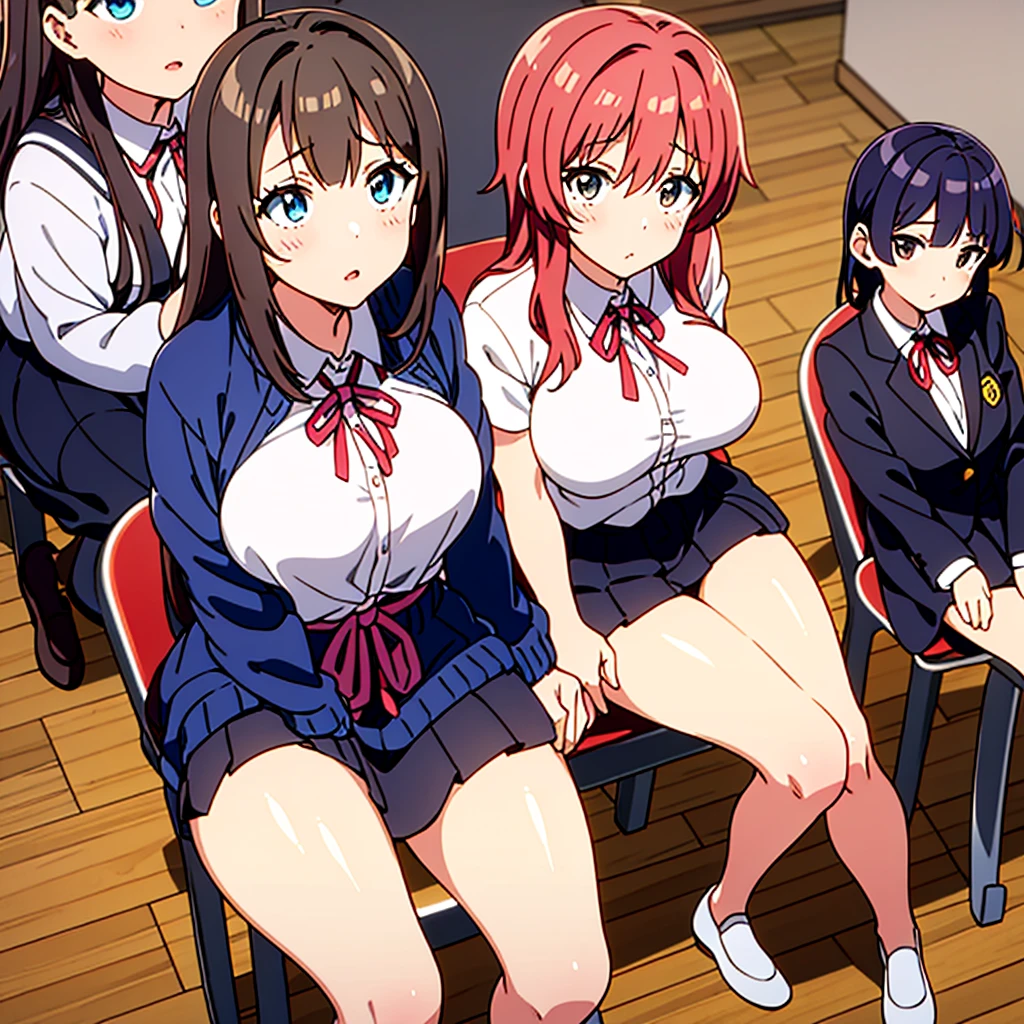 2 girls , classroom,floor,Yukinoshita Yukino , (Full Breast Yuigahama Yui ), Sitting with legs crossed ,Wear sneakers, (Sole 1.0),blazer,shirt,Check skirt,(Cameltoe in panties:1.0),(Pink lace panties:1.0),(Blue panties),