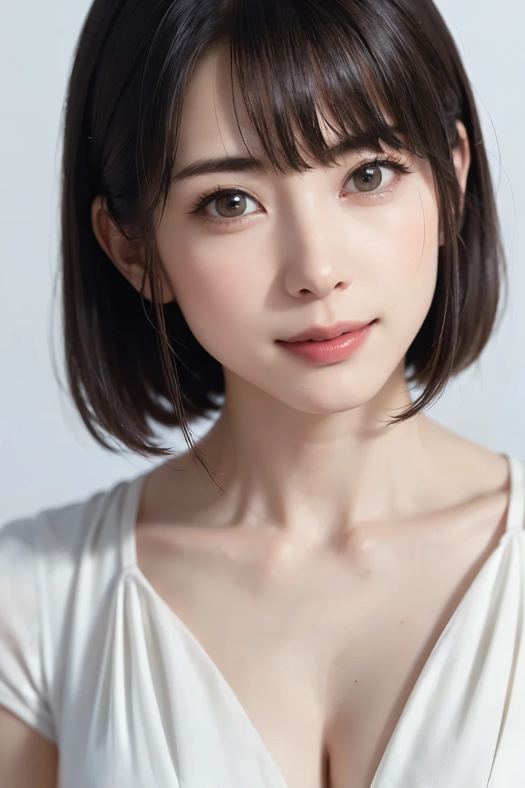 Everything is beautifully detailed:1.6,masterpiece、Highest quality、1 girl, alone, alone focus, Cowboy Shot, Portraiture, Oversized clothing, Blue and white hoodie, half水彩画, half, ((Black Hair)), (Shiny Hair), (Gradient Hair :1.5), Curly Hair, ((Beautifully drawn delicate eyes)), Very detailedな目, Sunburn, (Dark caramel skin:1.1), Highest quality, Very detailed, White Background, Simple Background、{Huge|big|Hugeな|Mega} chest:2, chestの谷間:2、開けたchest、Perfect Anatomy、Cute Smile、((short hair:1.8、Short Bob Hair、bangs))、Listen carefully、Beautiful long neck、Perfect Anatomy