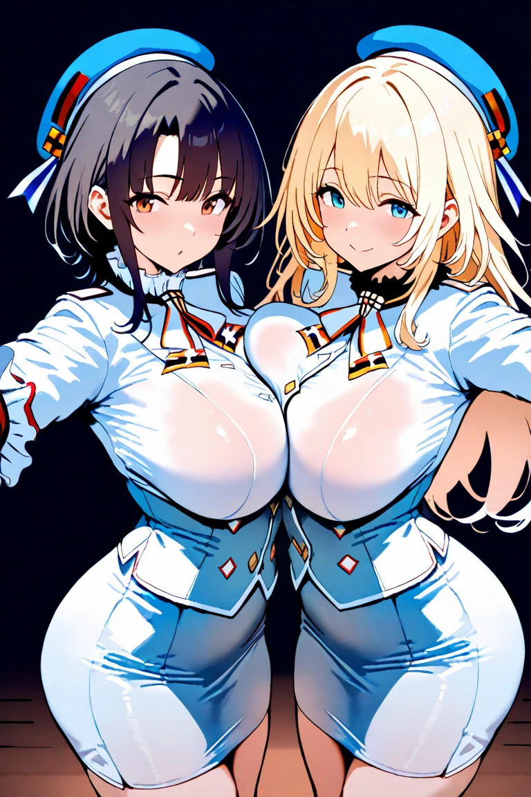 Bust Chart、Inner thighs、((3girls))、(1girl is 24years old、hair over one eye、Blonde、Blue Eyes、Light blue bunny suit),(1girl is 27years old、Brown Hair、ponytail、Yellow Eyes、Black bunny suit)、(1girl is 32years old、Black Hair、Bob cut、Black Eyes、White bunny suit),Bunny girl、White rabbit ears、Wrist cuff、Huge breasts:1.5、Saggy breasts:1.5、Long chest:1.3、Saggy breasts:1.5、Everyone please line up facing forward、(Mature Woman、Mature Woman:1.3)、Cabaret Club、milf