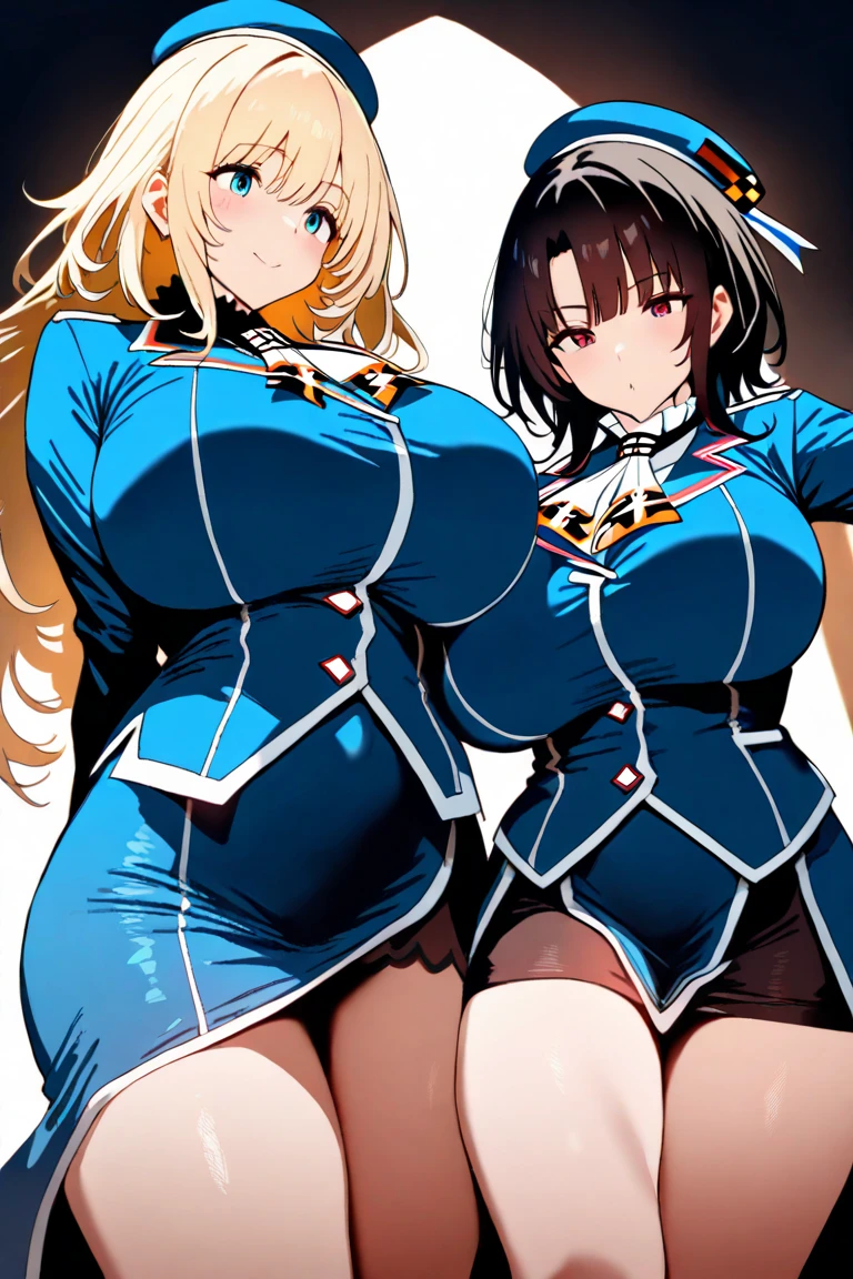 Anime Kawaii sexy Perfect Slim sensual body large breast and huge thighs, An intricate and highly detailed illustration of anime (Young girl) 1 girl, light hair, darker eyes, Solid eyes, blank stare, shorth hair, two braids, breasts big, school clothes, white collar, jaket, cape, overskirt, knee socks, no expression, no back ground, white background