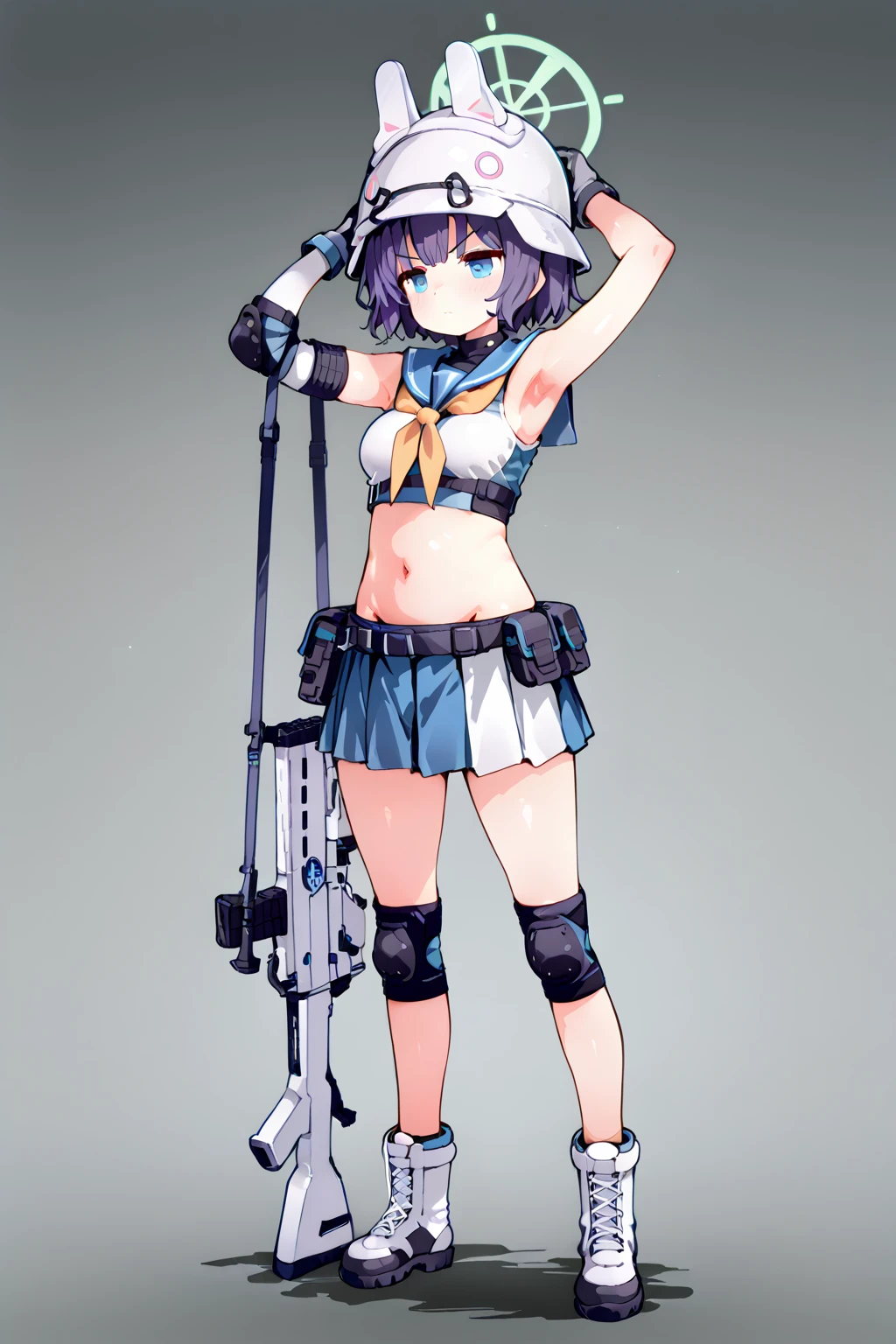 top-quality, ultra-detailliert, 1girl in, 独奏, Velorta, breastsout, up looking_で_viewer, red blush, A smile, Short_hair, bangss, skirt by the, D, thighs thighs thighs thighs, gloves, Bare_shoulders, Twin-tailed, Closed_Mouth, ,yellow_Eyes, pleats_Skirt, long boots, tongue, Black_gloves, a belt, Black_thighs thighs thighs thighs, a miniskirt, tongue_out, fingerless_gloves, Black_Skirt, Black_Footwear, zettai_ryouiki, The tattoo, ((Chibi)),Sniper rifle,cat ear
