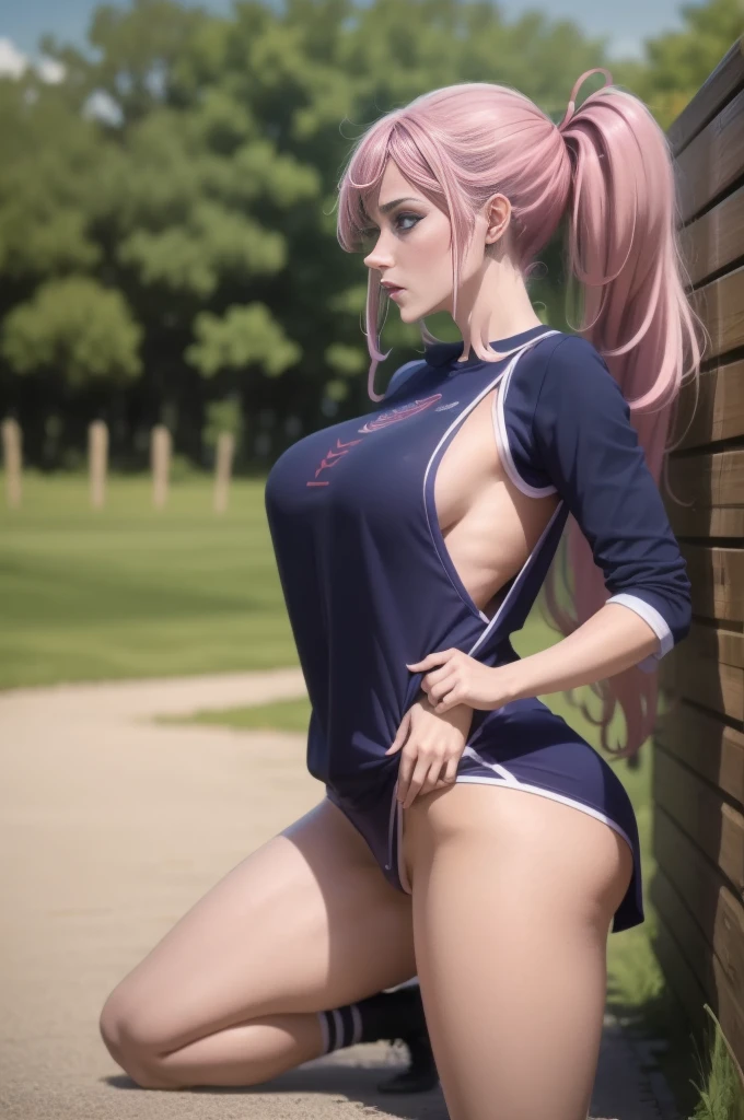 Honoka, stadium,playground,Sportswear,Pink Hair,Huge breasts,Cleavage,Low-cut,Lovely,necklace,earrings,Sportswear,Shy,Lovely,Gymnastics服,Gymnastics,Tights,Coverall,Shy ,Kneeling,sports shoes