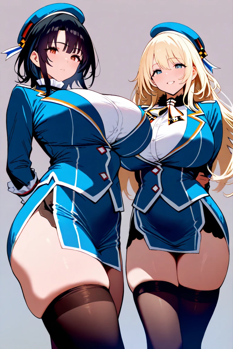 a masterpiece of 3 busty girls with sky-blue colored hair, hazel eyes, and matching uniforms with sexy lace accents, ribbons, and rainbow short skirts, wearing white thigh-high socks and black high heels, posing together with a serious face, flat color background, full body, ultra-detailed, (best quality,4k,8k,highres,masterpiece:1.2),ultra-detailed