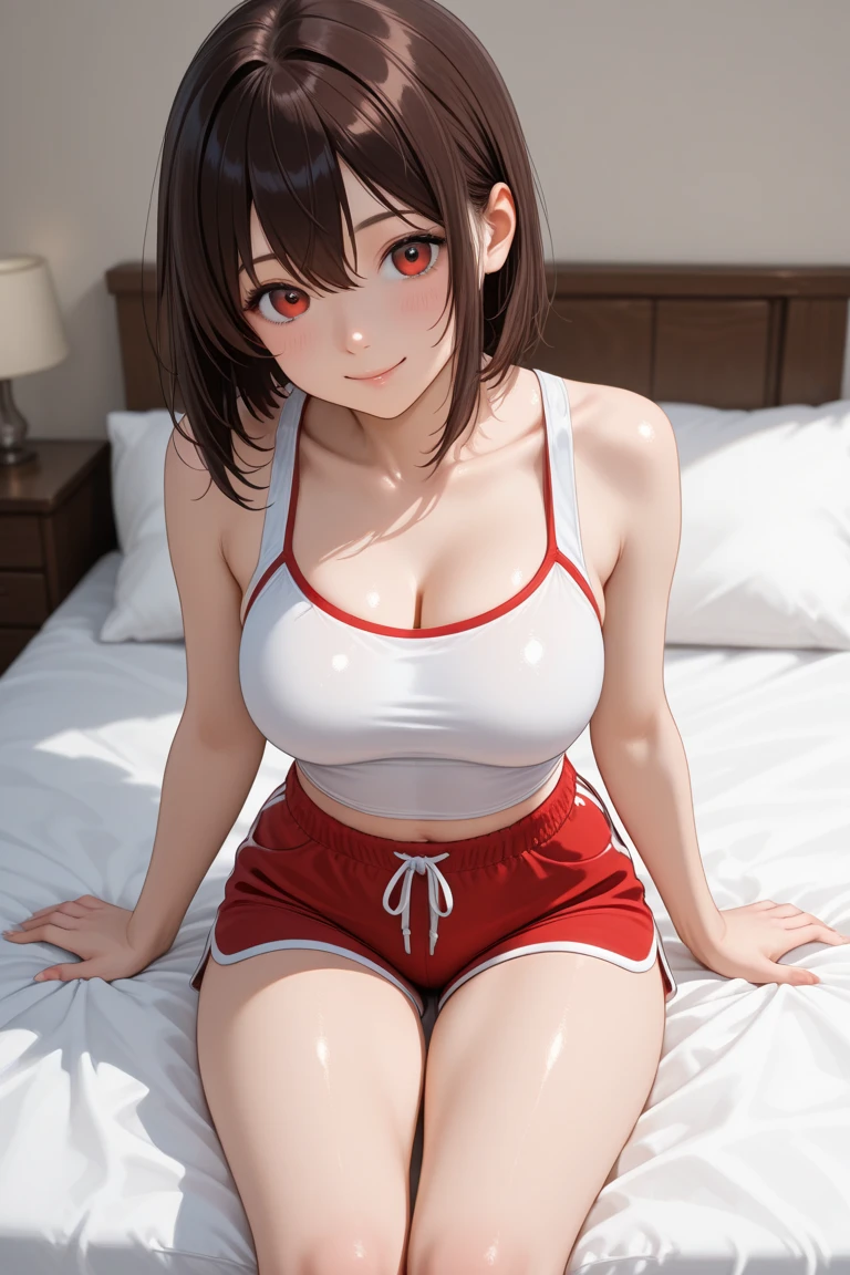 ((Leaning forward)) (While taking off her underwear), Big Breasts, (White gym clothes, Short sleeve, Red Bloomers), There is a cute girl, brm, High-quality facial beauty, Naughty seduction, Private room, Shiny skin, Fine skin, Sexy see-through lingerie, (breast), highest quality, Super detailed, (Ultra-high resolution,8K), Ultra-high definition 4K, Side angle
