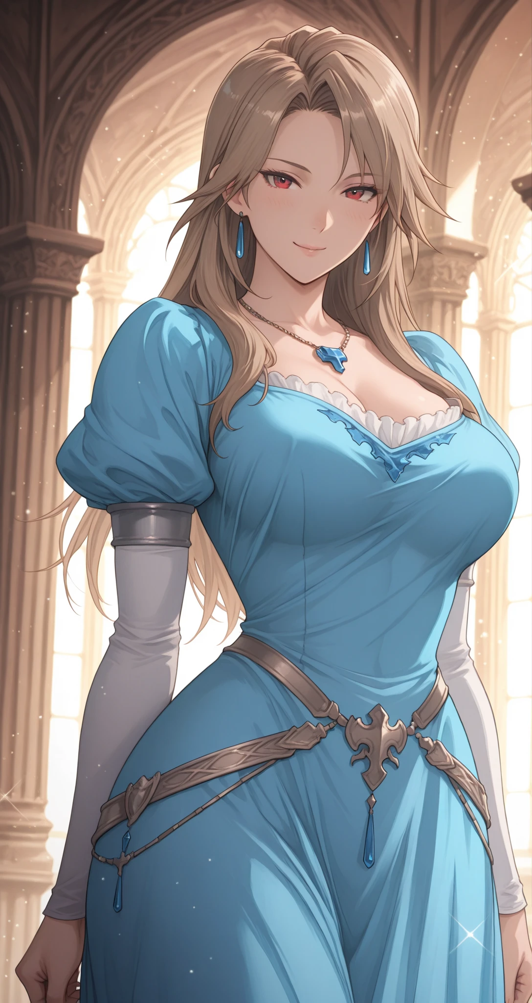 ((Best quality)), ((Masterpiece)), (detailed), perfect face perfect figure, Middle Ages, palace background, 26 year old, Scandinavian woman, Princess, Golden hair, bun-like hairstyle, bright blue eyes, pale skin, large breasts, tight blue dress, cleavage, diamond tiara,
