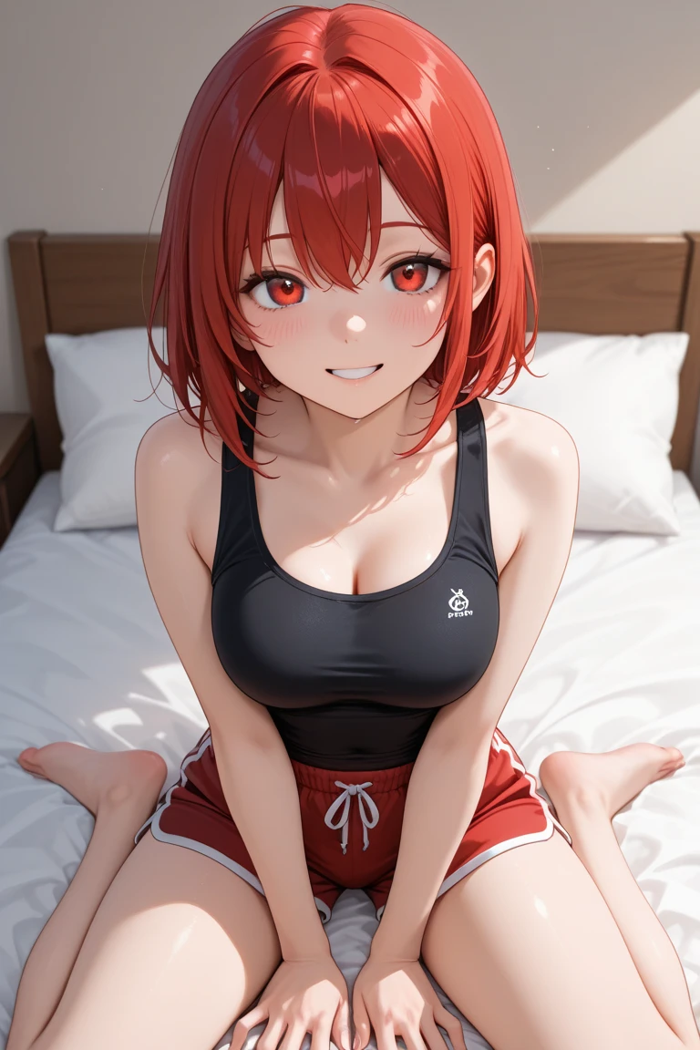 (high quality) Single anime girl, frown, short red hair, sports bra, big boobs, yoga pants, unzipped jacket, bedroom setting