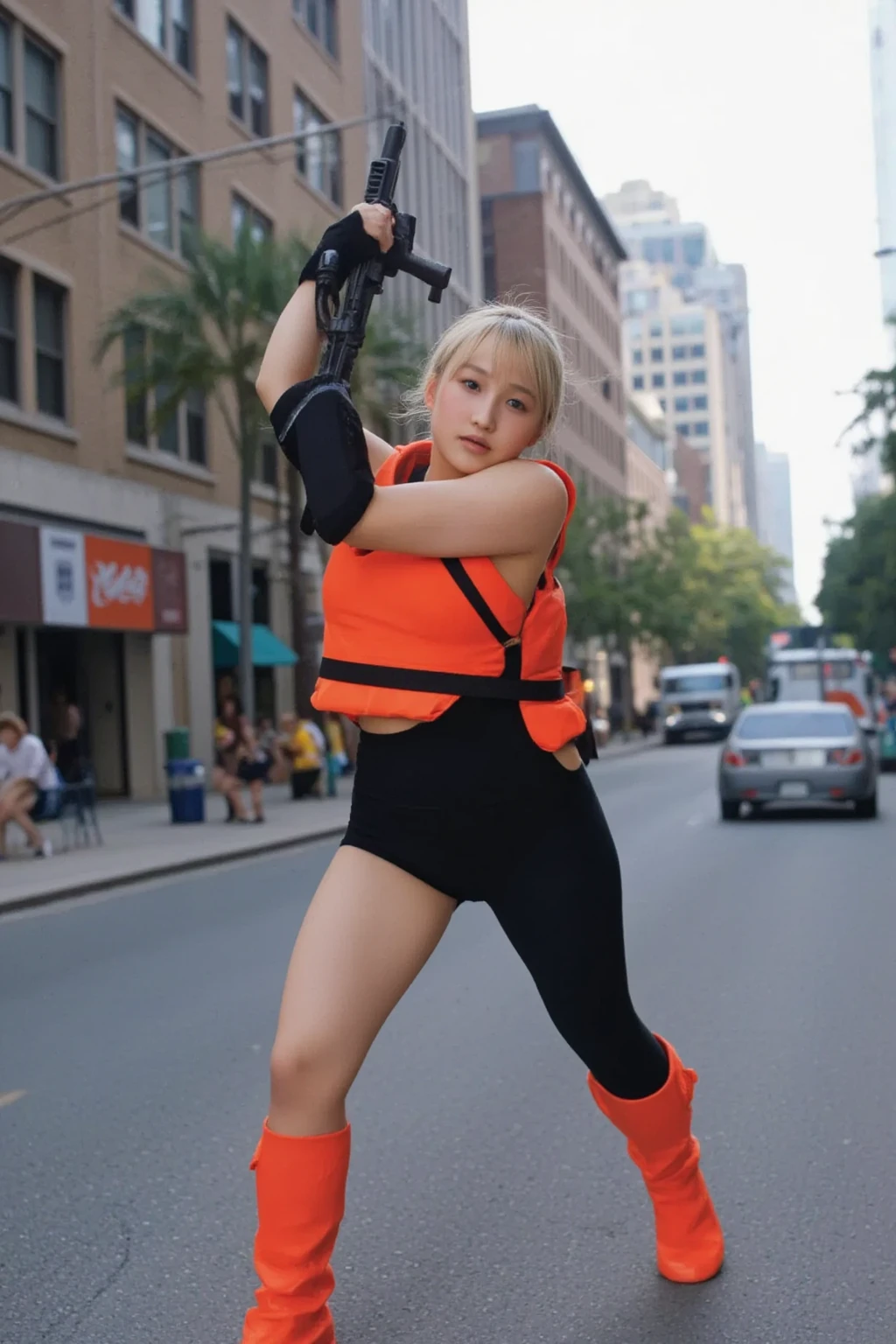 ((best quality)), ((masterpiece)), (detailed), perfect face Parking enforcer woman wearing cap, gloves and long sleeve leotard squatting barefoot. Bare legs. Black painted toenail