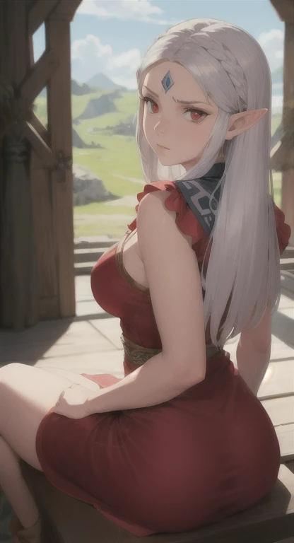 A mature woman with long silver hair and straight bangs,elf ear,red eye,wearing a pink sexy fancy maid dress,scenery is beautiful behind her, aesthetic art.