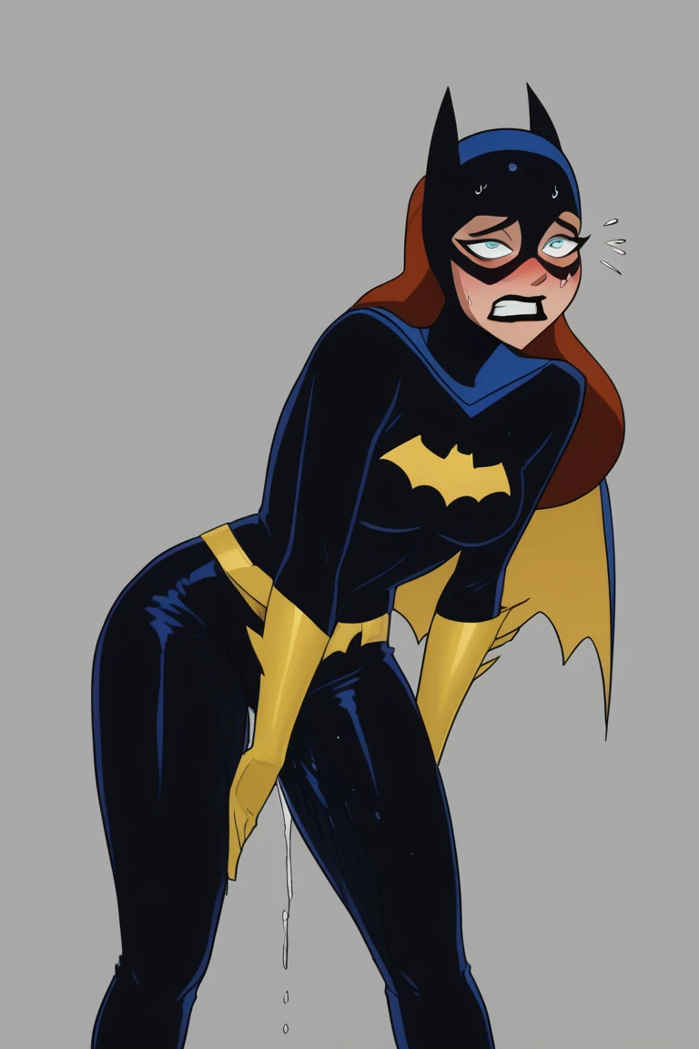 1girl, sitting on her knees,hot fat thighs, black lips, orange hair, belt, (torn bodysuit), black bodysuit, sideboob, pointy breasts, cape, yellow gloves,, (icy blue eyes) open mouth,