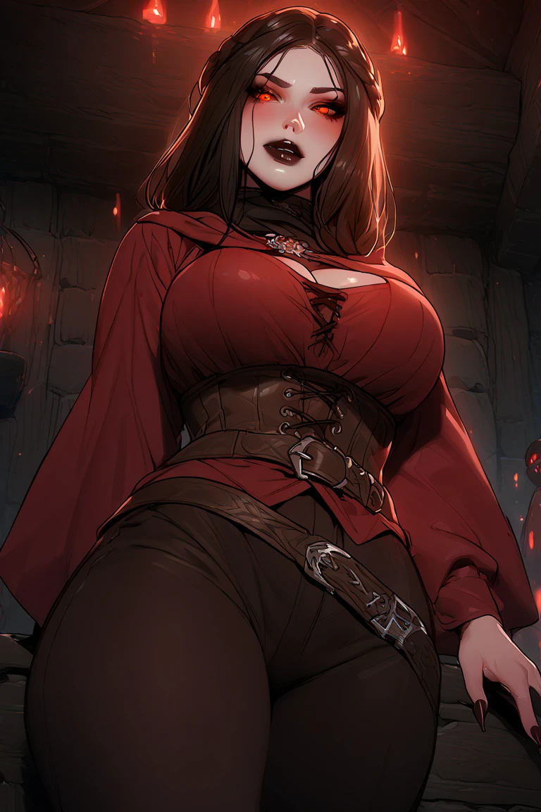 (masterpiece), best quality, perfect face,queen, strong face, thin body, blood Red eyes, , perverted clothes, large breasts, black long single braid , queens bedchamber, laying in bed, no bra, Areola showing, nipple bulge, fullbody