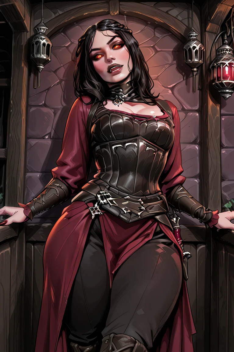 (masterpiece, top quality, best quality, official art, beautiful and aesthetic:1.2), (1girl:1.3), long and curly dark brown hair, ((extravagant updo)), Victorian style, extremely detailed, portrait, looking at viewer, solo, (full body:0.6), detailed background, close up, mischievous eyes, (cold midnight castle theme:1.1), extremely busty vampire, long fangs, blood on chin, huge lips, charlatan, smirk, mysterious, being seductive on a balcony, revealing gothic dress, lace, extremely tight bodice, black attire, red skirts, off shoulder, long sleeves, loose sleeves, black leather, cloak, corset, black dress, fishnets, thigh high black boots, buckles, straps, pouches, glowing blood magic energy, dark red fabric, silver trim, black leather, (ruffled collar), (((gigantic breasts))), cleavage, skindentation, slim waist, slim hips, long legs, medieval (gothic castle exterior:1.1) background, nighttime, dark mysterious lighting, shadows, magical atmosphere, dutch angle