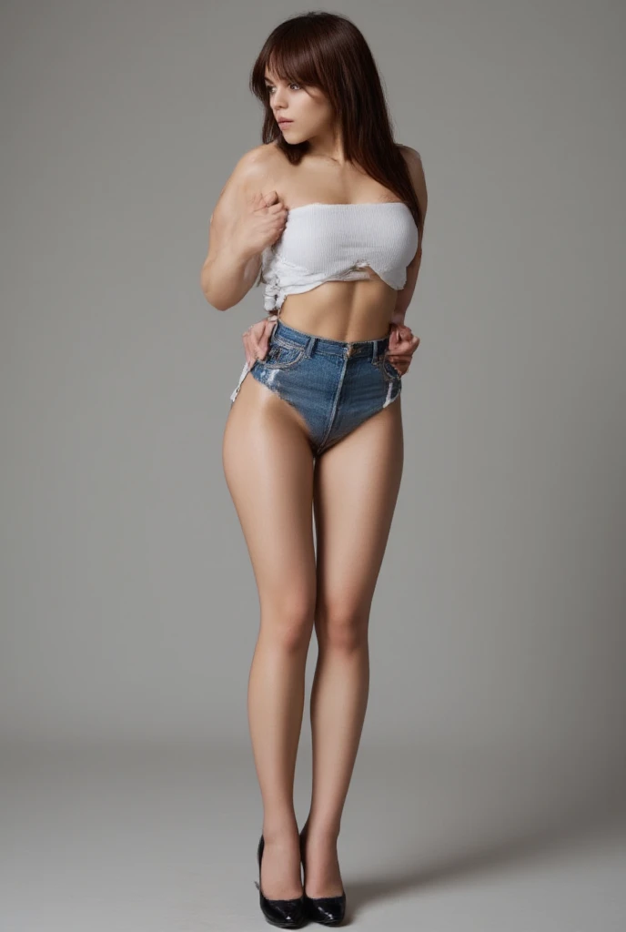 (masterpiece, best quality, Realistically, Work, Extremely detailed, 8K), ((Wide-angle lens, Full body female)), 1 girl，Light makeup，Exquisite facial features，Smile，Exquisite hairstyle, Long hair，Large Breasts，Denim shorts，Correct finger structure，Work服，Lace shirt，Hip-hop style，fWorknet tights，Light brown hair, Hair behind the ears, Pompadour hairstyle, curls, Medium Long hair, Heart Earrings, Front standing posture ，Full body portrait，Gray background