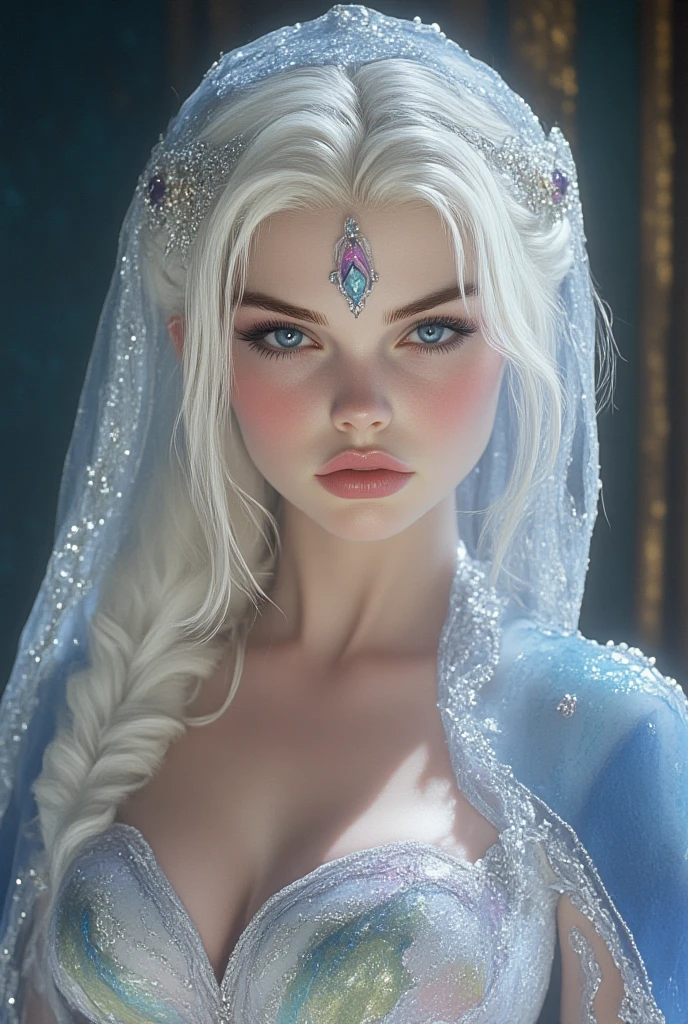 a stunning woman with thick long wavy white hair and blue eyes posing for a picture in white sheer gown, beautiful fairy princess, big crown with many sparkling diamonds, very beautiful fairy top model, ethereal beauty of queen, beautiful and elegant fairy queen with crown and red apple she is biting, fairy princess, sparkling blonde empress, princess, ice princess, ethereal fairytale, ethereal fantasy, ice queen, queen galadriel, fantasy gorgeous lighting