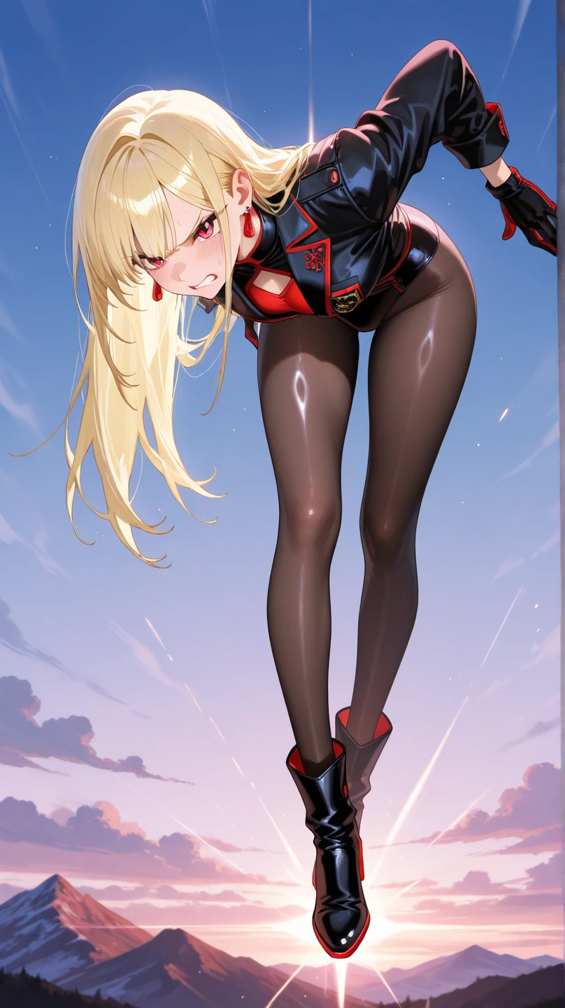 ultra-detailed, ????????, Beautiful body, Beautiful Nose, Beautiful character design, perfect eyes, perfect face, ultra highres, 4K, beautiful legs, perfect legs, Nice hands, Perfect hand, Masterpiece, Best Quality, Highly detailed, illustration, absurdres, street fighter, doll suit, shadaloo doll, dollsuit, expressionless, blank eyes, looking at viewer, red gloves, emotionless, black latex, corrution, mind control, female combatant, full body, hypnotized, unhappy trance, full body suit, ribbed bodysuit, both arms at side, obey, perfect female body, extremely glossy latex, hypnosis, hypnoLora, empty eyes, Mind control device, poses, submissive_pose, Slave, hat, necktie, lying down, lying down straight, lying down at attention, hat, yellow necktie, belt, latex, ribbed bodysuit, thighhighs, garter belt, Fighting Stance, extending the right arm from the shoulder into the air with a straightened hand, military, thigh boots, solo, Classroom of the Elite, Ichinose Honami, pink blonde hair, blue eyes, long hair, large breast, evil smile, evil grin, yandere