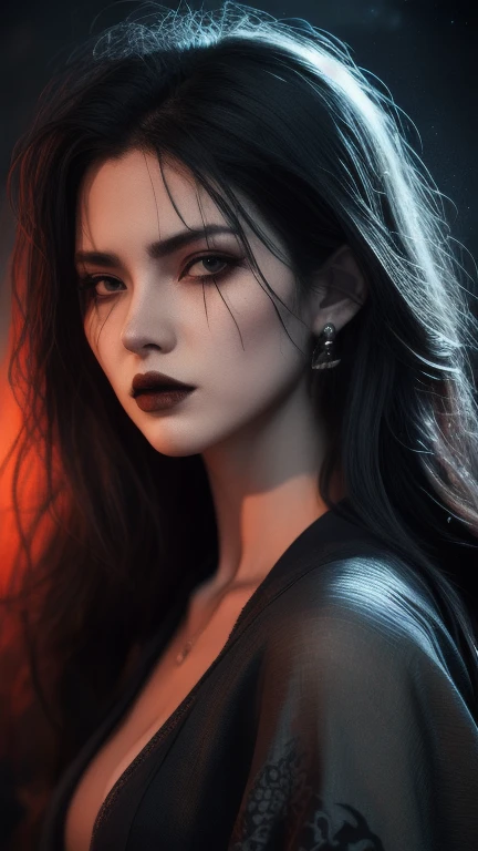 ultra quality, work of art, Maximum details, 8k, vampire woman, 1womanl, gaping mouth, vampire's teeth, yellow eyes, flare eyes, blood in The face, pale skin, slim, Bblack hair, red highlights in hair, expressão facial frightfula, monstr, white social t-shirt, bloody t-shirt, black pants, dark, frightful, fund: macabre forest