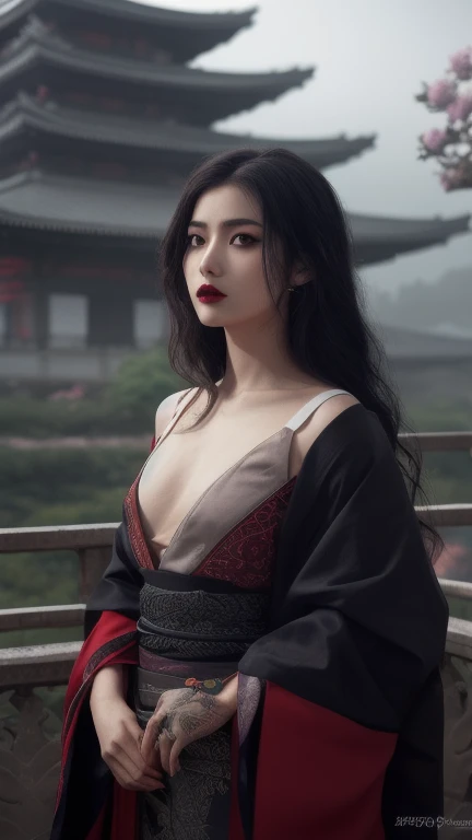 “A beautiful woman with long black hair and fair skin, wearing thin red eyeshadow. She exudes a captivating and alluring atmosphere, with rouge lipstick. She sticks out her tongue and licks a knife held in her hand. She is dressed in a traditional Japanese kimono, which is slightly open at the shoulders. The background is luxurious and magnificent.”