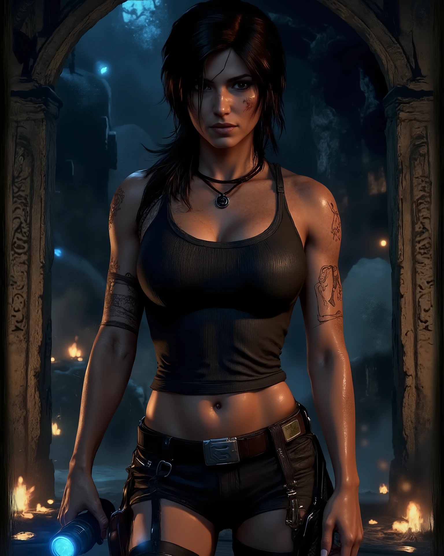 Lara Croft an edgy, fit and adventurous woman stands in a ancient Mayan temple, with a flashlight in her hand. She wears a tight black top and shorts, Complemented with tactical straps around her thighs. Her hair is dark and slightly wavy, which frames her curious expression. The temple in the background is faintly illuminated with magical blue torches and shows Mayan carvings on the wall. We get the feeling this place has hidden treasures and unknown dangers