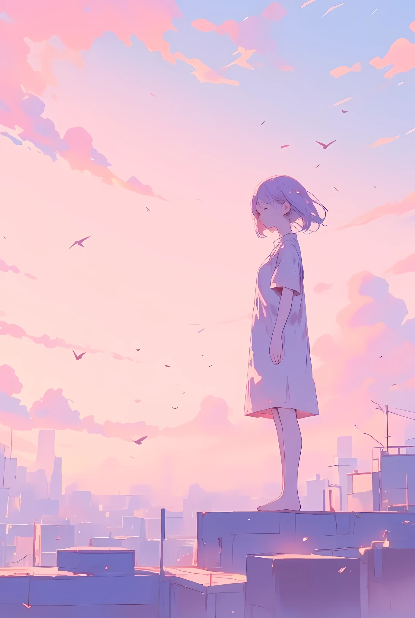Cozy vibes and pastel pop art anime style of a silhouette of a person standing on a rooftop, head slightly bowed, with hair softly blowing in a gentle breeze. The background features a dreamy pastel sky filled with fluffy clouds in soft pinks, purples, and blues. Numerous delicate birds flutter gracefully in various directions, evoking a serene sense of movement and freedom. The cityscape in the distance is faintly outlined in muted pastel tones, blending into the atmosphere and emphasizing the feeling of solitude and vastness. The overall mood is calm, introspective, and wistfully melancholic, rendered in soft pastel shades and smooth anime-style lines that add warmth and comfort to the contemplative scene