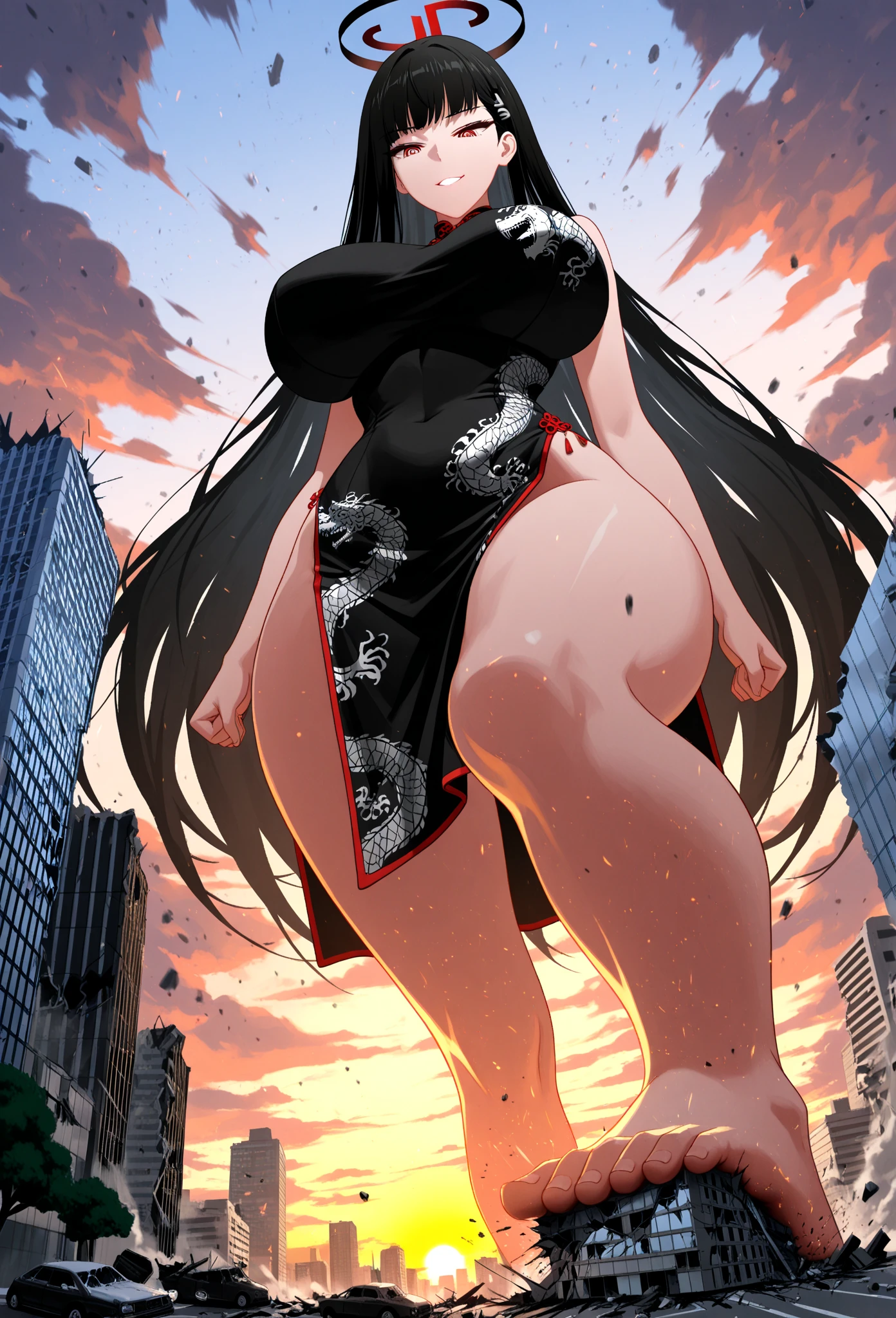 masterpiece、Highest quality、Beauty、Giant Spaceman、Giant aliens、smile、Open mouth and show teeth、beautiful身体、simple、beautiful、Anime illustration、Draw a woman in a big way、Completely naked、Large Breasts、Giantess、Hall々Stand with、Hands on hips、giantess、Black Hair、Long Hair、Low - Angle、Destroyed small town、Destroyed small building district、City in Ruins、Smoke is rising、The fugitive々、Destructive illustration