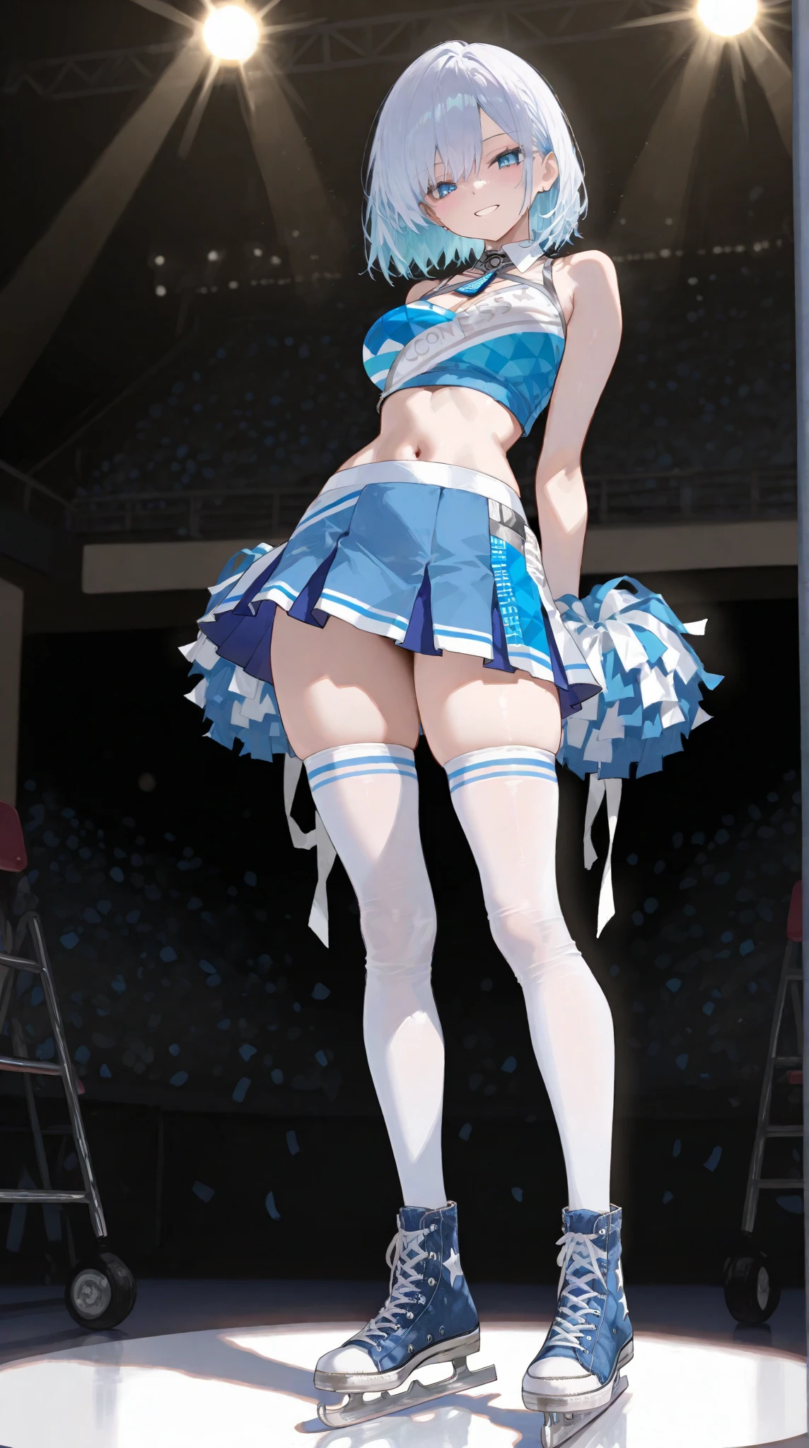 1girl、(((best quality)), ((masterpiece)), (details), masterpiece, best quality, high quality, ulutra detailed, perfect face, ((1girl, Blue eyes, cat ears: 1.3 silver bob hair: 2.5,))、Shiny Hair、Glowing Skin、smile、Lustful look、I can see your toned stomach、Small breasts、Cheergirl Costume、Cheerleader tight skirt、Short spats、Butt、((With a megaphone))、Stadium Background、smile、Sweat glistens、Cheeks are a little red、whole body、dance