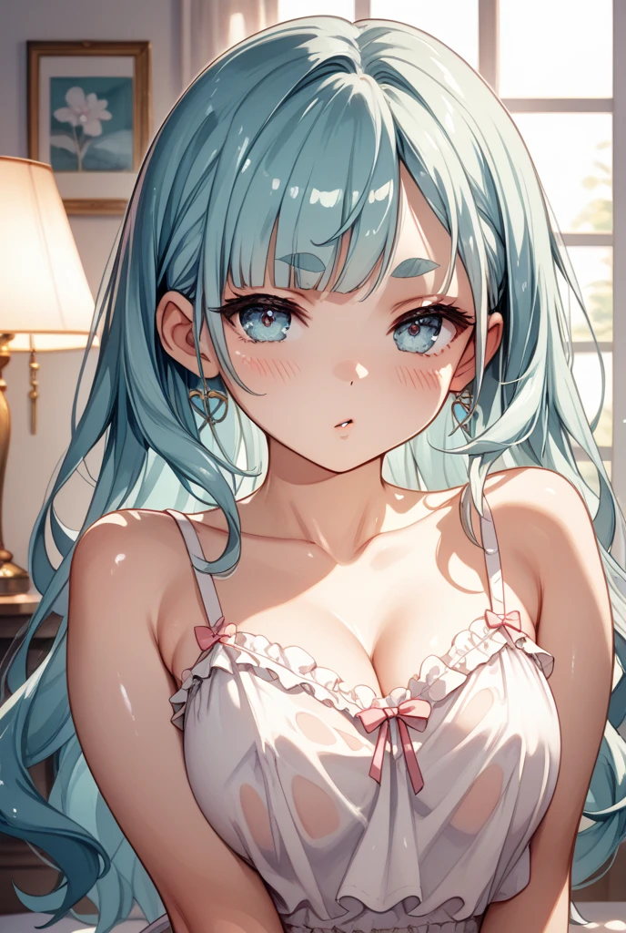(Masterpiece, Top Quality, Best Quality, Official Art, Beautiful Indulgence:1.2)1girl,1Girl,Solo,Masterpiece, Sharp Focus, (Beautiful Gorgeous Cute Korean Woman:1.3), (Beautiful Cute Korean Woman:1.3), Korean Beauty, Delicate Beautiful Hair and Eyes and Face, Realistic, Ultra Detailed, Beautiful Girl, Glossy White Particles, (Side Light:1.2), Bunny Girl, Slender, big,huge breasts and big buttocks, embarrassed, showing teeth and laughing, ((laughing with eyes, open both eyes)), long straight hair, sexy look, dynamic hair, detailed platinum mint green hair, shining blue eyes, on bed, (seductive), ((excited: 1.5)), ((areola)), ((in the heat)), white skin,