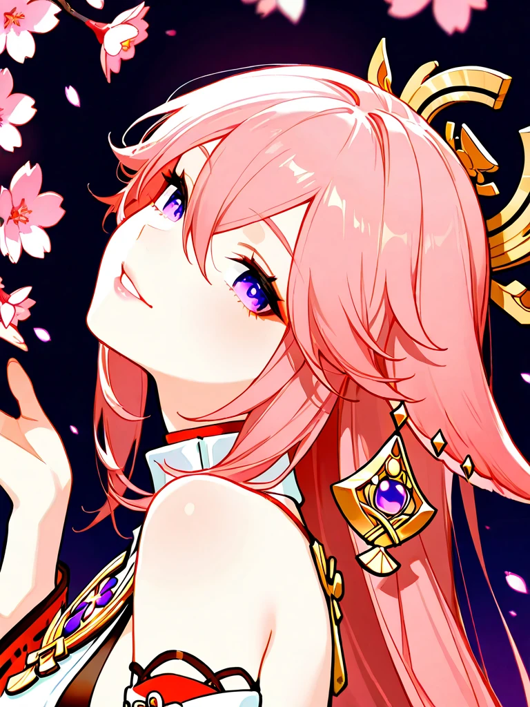 portrait,landscape,painting,illustration,yae miko, sleeves separated, strapless, (sideboob:1.45), pink hair, long hair, Japanese clothing,festive atmosphere,grand fireworks display in the night sky,sparkling fireworks,mesmerizing colors,romantic ambiance,futuristic skyscrapers,tall buildings,reaching towards the sky,glowing neon lights,amazing architectural design,twinkling stars,celebration of the new year,overwhelming sense of excitement,magical moment,inspiring and artistic composition. best quality,4k,8k,highres,masterpiece:1.2,ultra-detailed,realistic:1.37,
