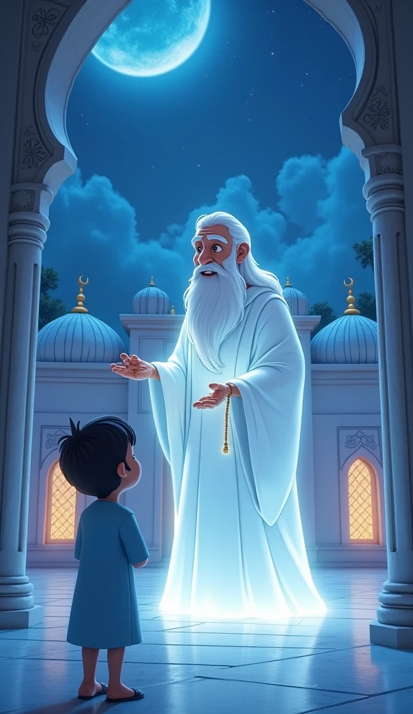 A wise Guru with a long white beard and turban sits in a halo of light, with a young child sitting in front of him, the Guru is holding his hand out, the child is looking up at him with respect. The background is a warm, golden glow, with soft, flowing lines of light. The image is full of warmth and serenity, and