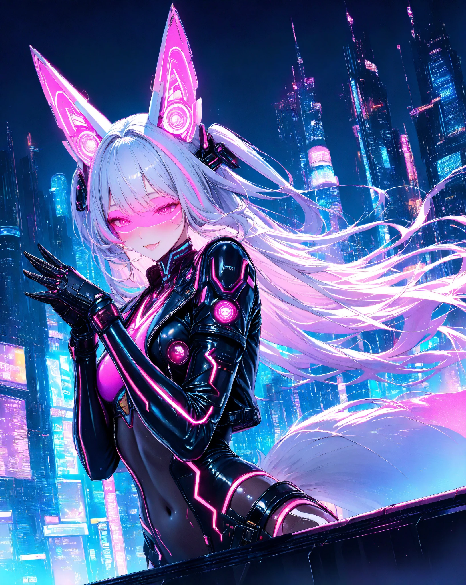 Gothic and technological aspect with futuristic city on neon background、flying skateboard、New and stylish colorful hair、(2 tone color、)、highlight pink、A neon suit gal with huge breasts、Shiny huge fishnet stockings、rabbit ears、