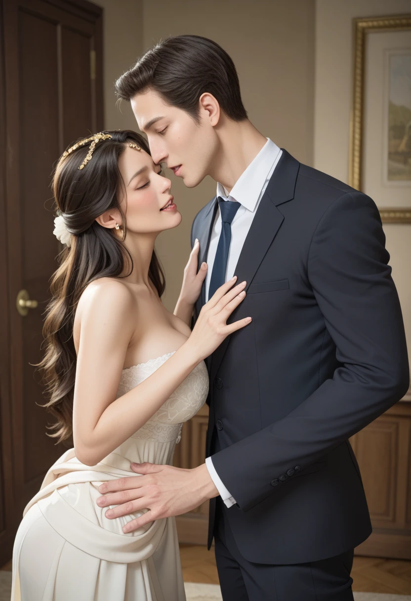 wedding scene，A man in a suit hugging a woman，25 years old，Beautiful face look at the camera，wedding，gorgeous wedding dress，gorgeous，Wealth，Handsome men and beautiful women，Rich Family