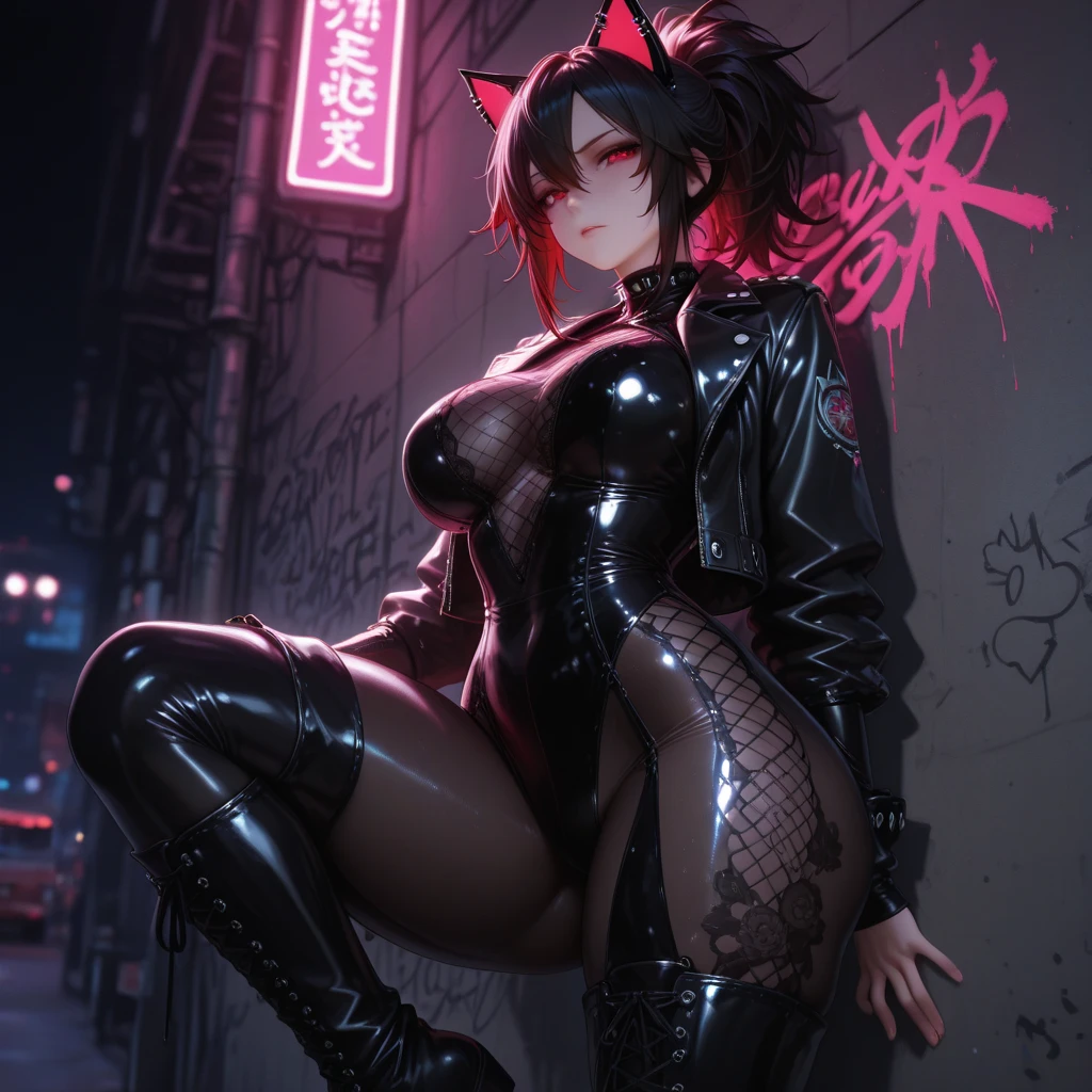 masterpiece, best quality, realistic, absurdres, perfect shadows and lighting, echanis_enicha, background, incredible high-key lighting, masterpiece, high quality, detailed, extremely detailed, ambient soft lighting, 4K, 1girl, alternate breast size, belly, breasts, big breasts, glowing, long hair, feathered bangs, bangs, feathered hair, facing away from viewer, navel, solo, armpits, simple background, futuristic, pale skin, gleaming skin, sweat, sweating, synthetic skin, thick, curvy, harness, crop top, halter, ((o-ring)), midriff, ahoge, looking at viewer, thigh highs, thigh strap, skindentation, navel, navel piercing, navel window, tight, cat ears, casual stance, android, artificial humanoid, underboob, boob window, skintight, cybernetic, smirking, varied color scheme, glowing eyes, reptilian tail, synthetic tail, thick tail, spiked tail, stretching, hands behind head, (womb tatoo:1.2), (thigh tatoo:1.2), (ear piercing:0.8)