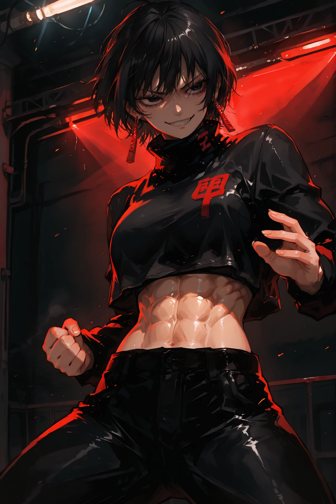 1girl, kagari hiyuki (kagurabachi), black hair, short hair, black eyes, big eyes, evil grin, long red earrings, black turtleneck, crop top overhang, black trousers, muscular, abs, cinematic angle, cinematic pose, fighting stance, (perfect hands:1.0),(masterpiece:1.3), (aesthetic lighting:1.3)