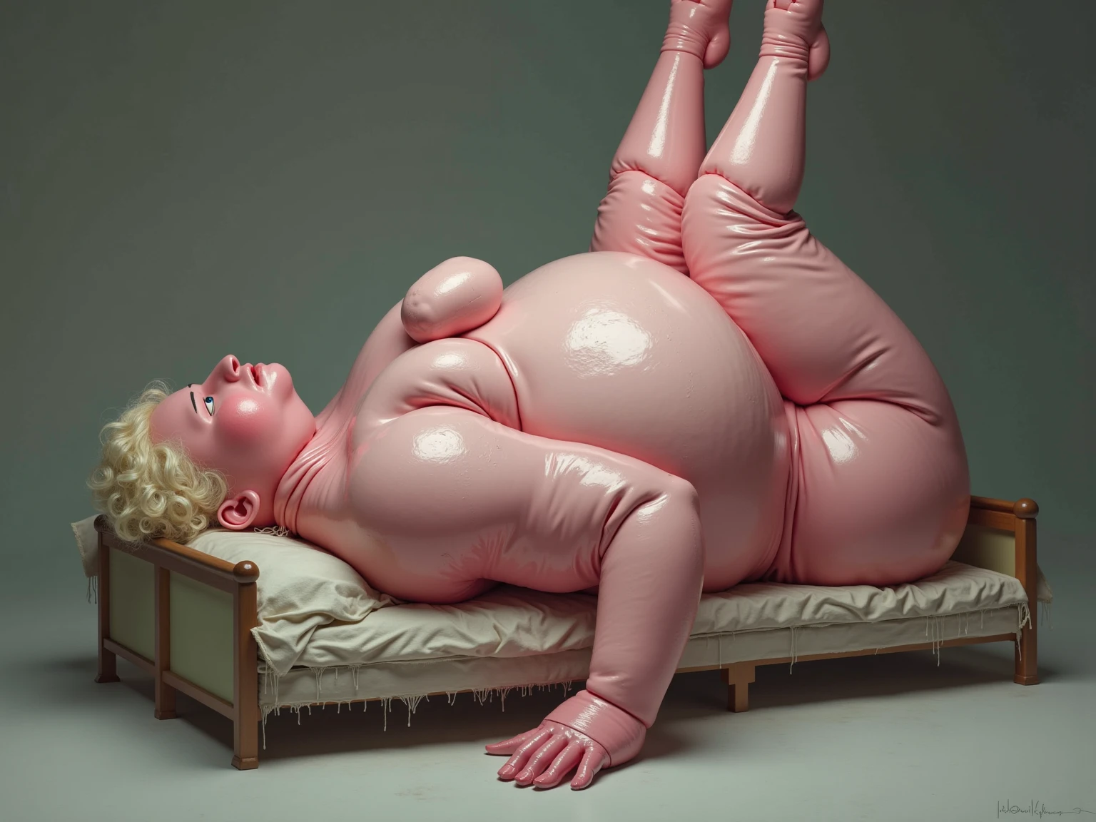 rapid swelling, spherical, turning blue, inflation_fetish, Thicc, obese, white hair ((wearing white tank top)), hair over eyes, struggling frown of effort, ((body blemishes)), voluptuous woman, perfect hands, perfect face, smile, (anatomically correct), (Perfect/ realistic proportions:1.2), (overwhelmingly fat arms, obese face), arm up, ((extremely widest hips possible!)), ((extremely massive thick thighs, morbidly large belly), belly overhang!, stretch marks)), (1080P, 4k UHD, Masterpiece:2.1!) ((single)), background: tilted towers