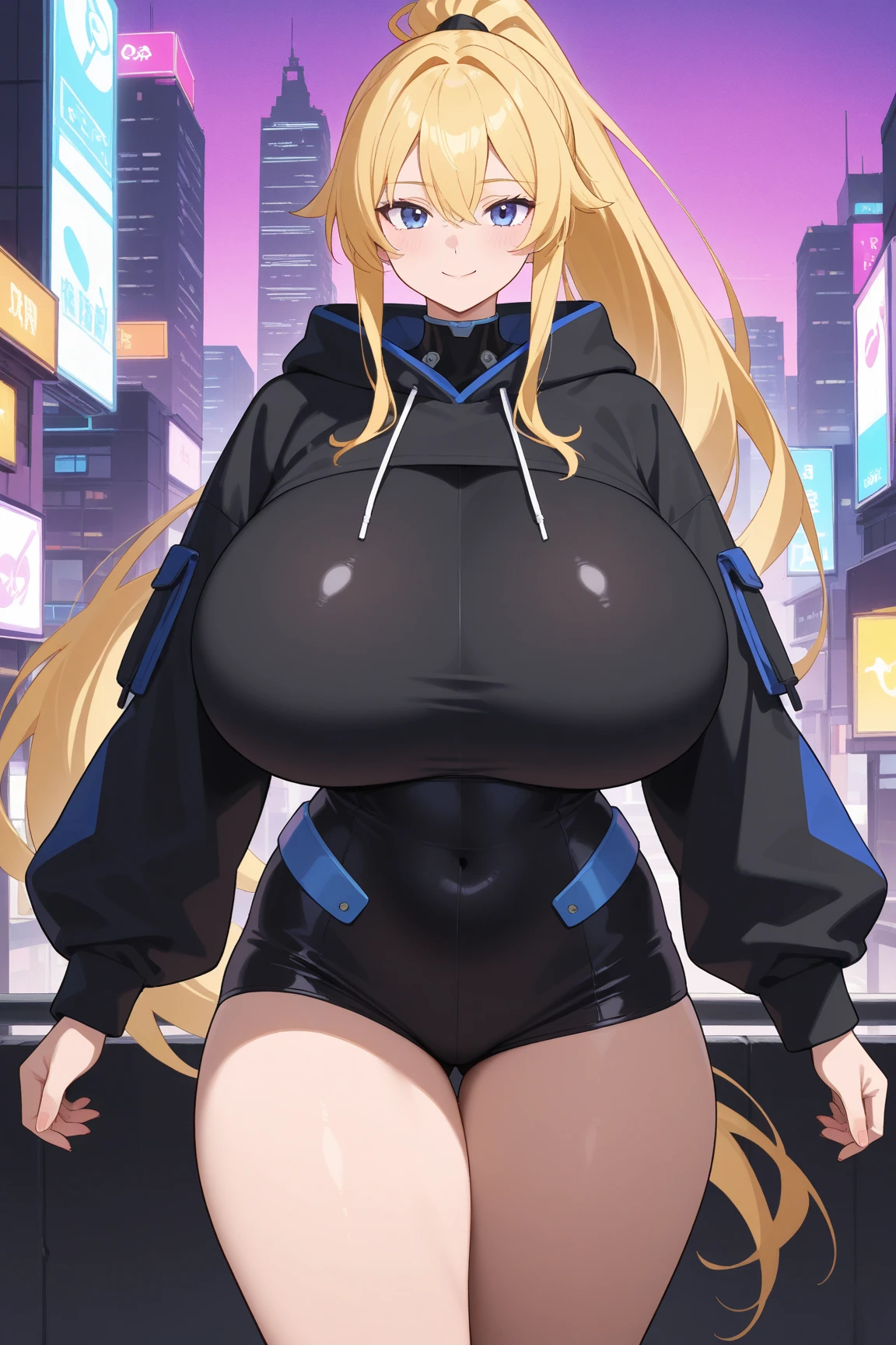 1girl, blonde hair, large breasts, breasts, thick thighs, wide hips, blue eyes, bodysuit, black bodysuit, pantyhose, long hair, serious, science-fiction, tech, futuristic, black pantyhose, thighhighs, neon, machinery, hair ornament, ornament, neon trim, an8me style, 2d, anime screencap, shoulder armor