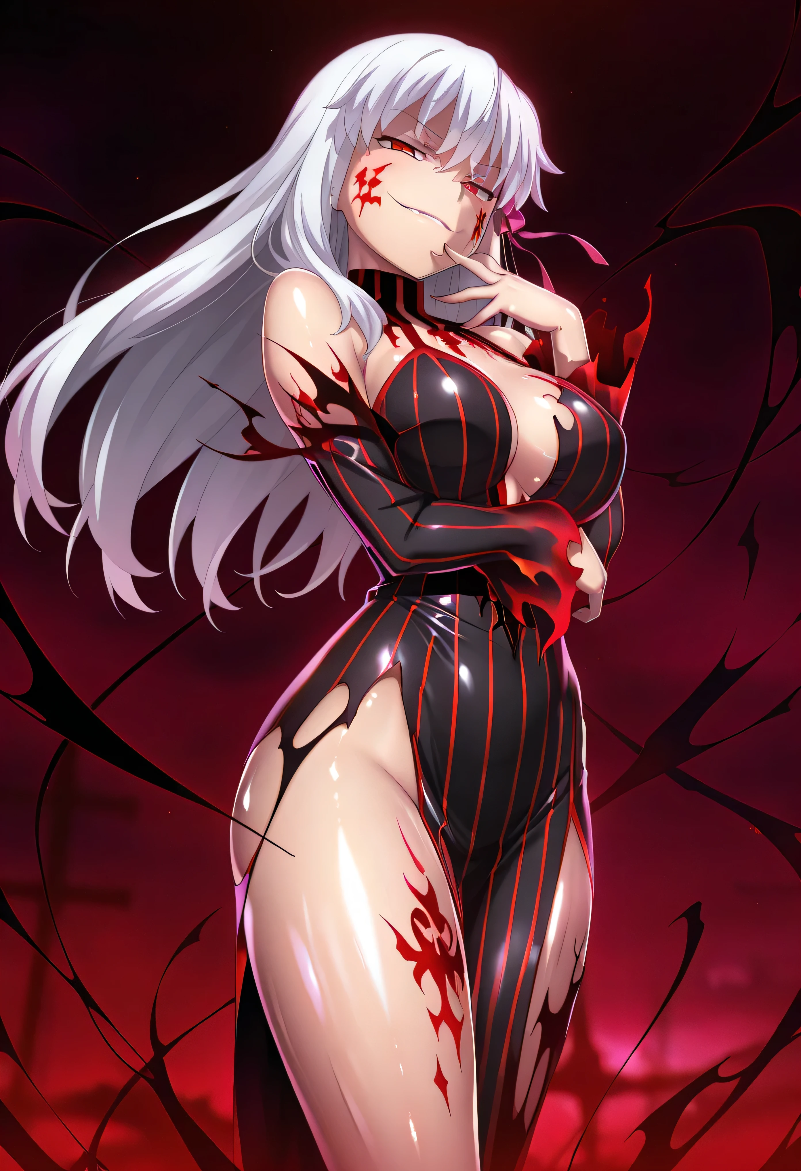 anime screen capture, masterpiece, top quality,
1girl, solo, crazy eyes, (evil smug:1.9),
white hair, long hair, red eyes, Facial markings, hair ribbon, pink ribbon,big ,
, dark persona, Corruption, striped dress, Black Dress, turtleneck,(shiny skin:1.9),
standing, staring at viewers, ,
night, dark,,Black Mist, (black darkness:1.5),