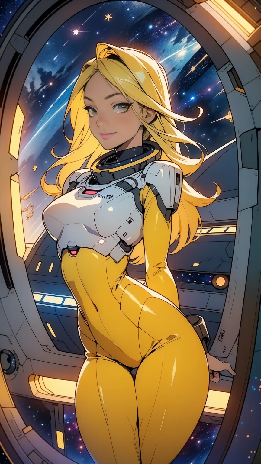 A young looking Helen Skelton, floating in zero gravity, smiling, moist skin, full figure, naked, erect nipples, wearing bulky spacesuit helmet, pierced navel, legs open, stroking her wet cameltoe, realistic NASA spacesuit and helmet, blonde hair floating, very small girlish breasts, tiny breasts, onboard space station, Earth outside, sunbeam shining in through round viewport, floating tools, floating papers, dramatic light, deep shadows@Shimy Tay
