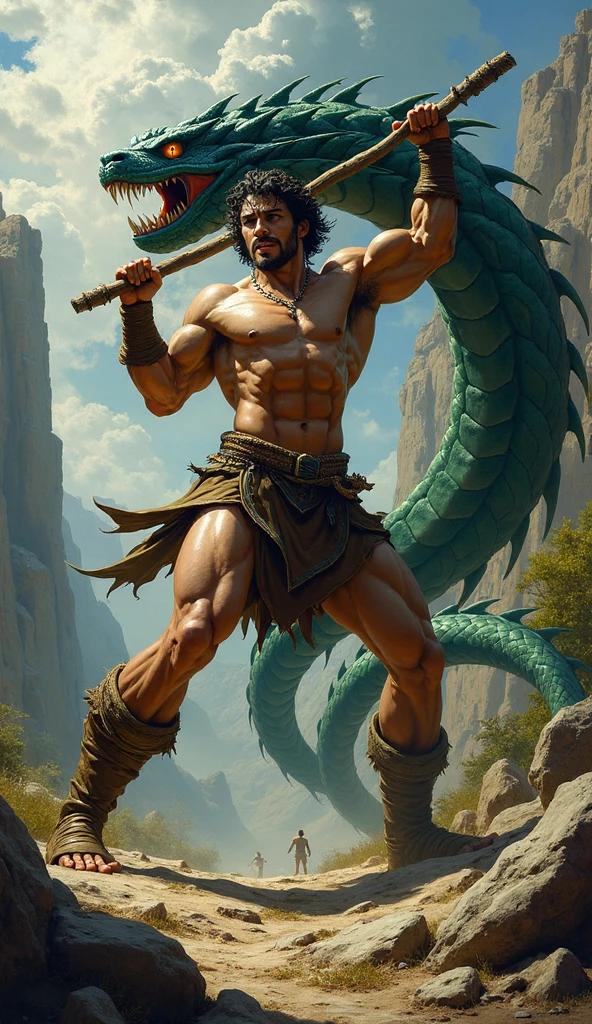 I want the image of a Greek wrestler fighting a snake by cutting its neck