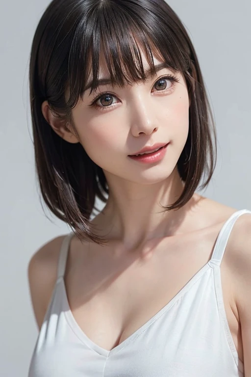 ((masterpiece、24 year old、Gentle light、1 beautiful girl、Detailed eye、Shorthair with bangs、shorth hair、neck long、Put your ears out))、big eye、Distinct double eyelids、((top-quality, 超A high resolution、stares at the camera、Light brown eyes、Clean collarbone、glowy skin、Straighten your back、The face of the golden ratio、a small face)), (Realisticity: 1.4), OriginalPhotographs, 1girl in,cinematlic lighting、japanes、Asian Beauty、Korea person、Super beauty、Realistic skin type、(((clean very large breasts、F cup big、A slender、The body is facing the front of the camera、lipgloss、Highlights in the eyes、thin lips、smiling slightly、Closing mouth and smiling happily)))、(A hyper-realistic)、(hight resolution)、(8K picture quality)、(ighly detailed)、(Best Illustration)、(beautifully detailed eyes)、(ultra-detailliert)、A detailed face、looking at viewert、Facing straight ahead、neat and clean clothes、sleeve less、short-hair、black hair with bangs、Natural bangs of 46 points、Shorthair、((Background is really nothing but pure white background、Immaculate white background with nothing really))、((neat atmosphere、A female figure with neat charm))