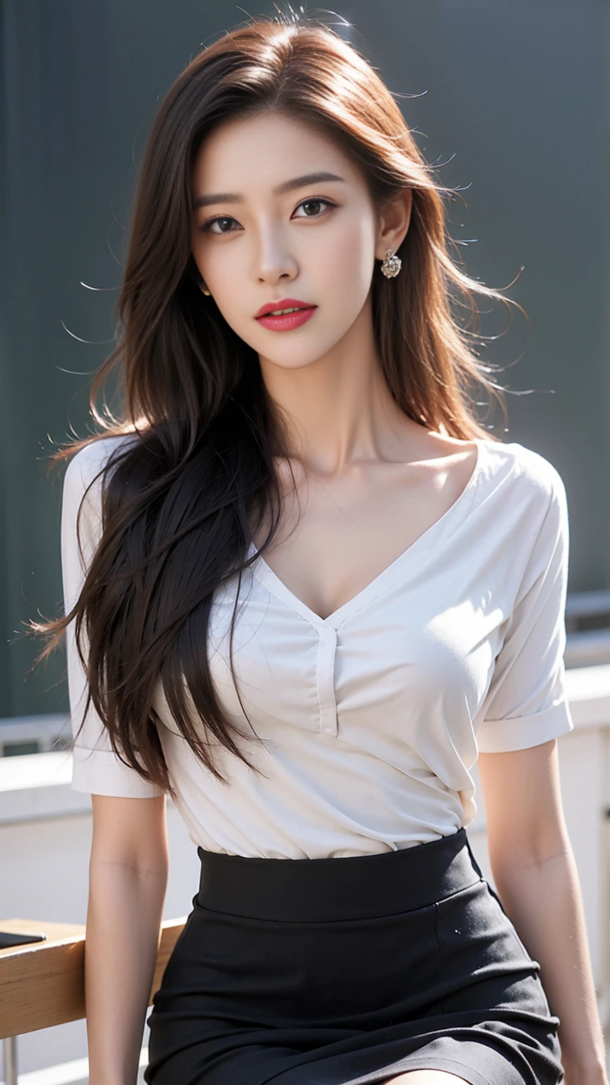 ((Highest image quality、8K、masterpiece:1.3))、1 girl、smile、Full body Esbian、slim face、cute woman、(dark brown hair)、super detailed face、detailed eyes、double eyelid、blurred background、slim face、city_super long brown hair、big breasts、full body shot、on the hotel bed、loose wavy hair、gold necklace_Large earrings、No facial expression、full body shot、Standing gracefully、Chest cleavage,nippleless,wearing in shirt, Wearing a blouse, in a white shirt, Smooth white tight clothes suit, Office Clothes, 