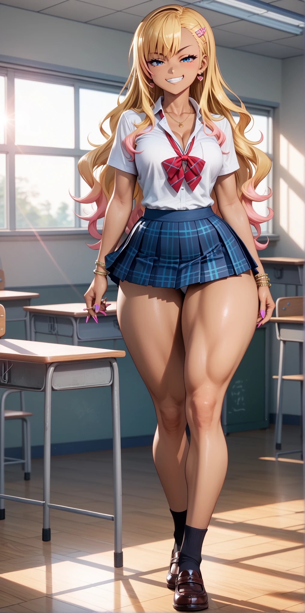 a sexy teacher at the front of a busy classroom filled with students, she's bending over her desk wearing very tiny skirt, (((long sexy legs))), (((perfect body))), (((masterpiece))), (((highest quality))), (((view from the side))), (((wearing very tall platform pumps))), (((tall pumps with bows))), (((long legs))), (((curly bleached blonde hair in pigtails))), (((ribbon choker))), (((bottom of ass showing beneath skirt))), (((g-string strap showing))), (((bent over her desk))), (((very realistic))), (((gorgeous)))