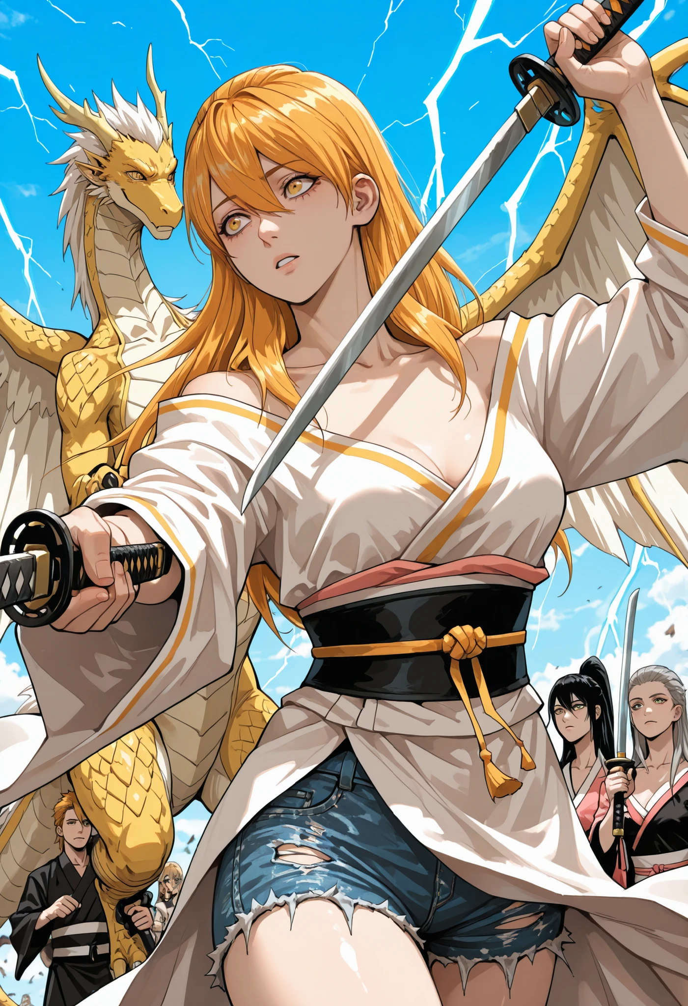 obra-prima, melhor qualidade, incredible quality, xiao ning'er, 1 menina, rabo de cavalo, cabelo comprido, cabelo laranja, franja, olhos laranjas, ombro nu, seios, collarbone, hair between the eyes, vestido branco, kimono, Faixa, two-tone dress , gola alta, 1 menina, desfocado, desfocado background, animal, blue sky, ripped denim shorts dancing, dia, depth of field, dual wielding, Winged dragon, cabelo flutuante, Winged dragon, Lightning katana, hand Lightning katana, segurando, segurando katana, lightning kinetics, outstretched arm , oversized animal, school of Winged dragon, olhar de soslaio, sky, only, upper body, vento lightning, mangas largas, vento, olhos perfeitos, olhando para longe, gritando,