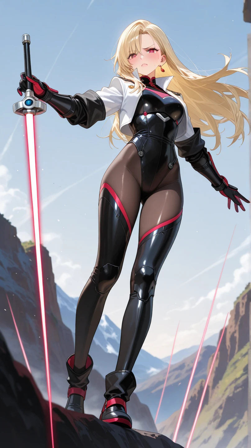 1girl, woman, scifi, galactic gothic, blood sport competitor, full body, wearing skin-tight outfit, bombshell hair, blonde hair, antenna hair, average figure, albino<lora:EnvyHourglassFigureXL01:1>