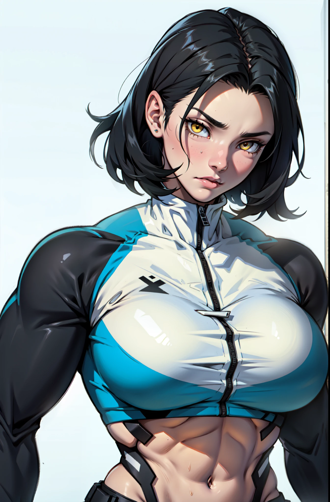 perfect female anatomy muscular girl big breasts empty eyes embarrassed black hair yellow eyes pale skin perfect female anatomy