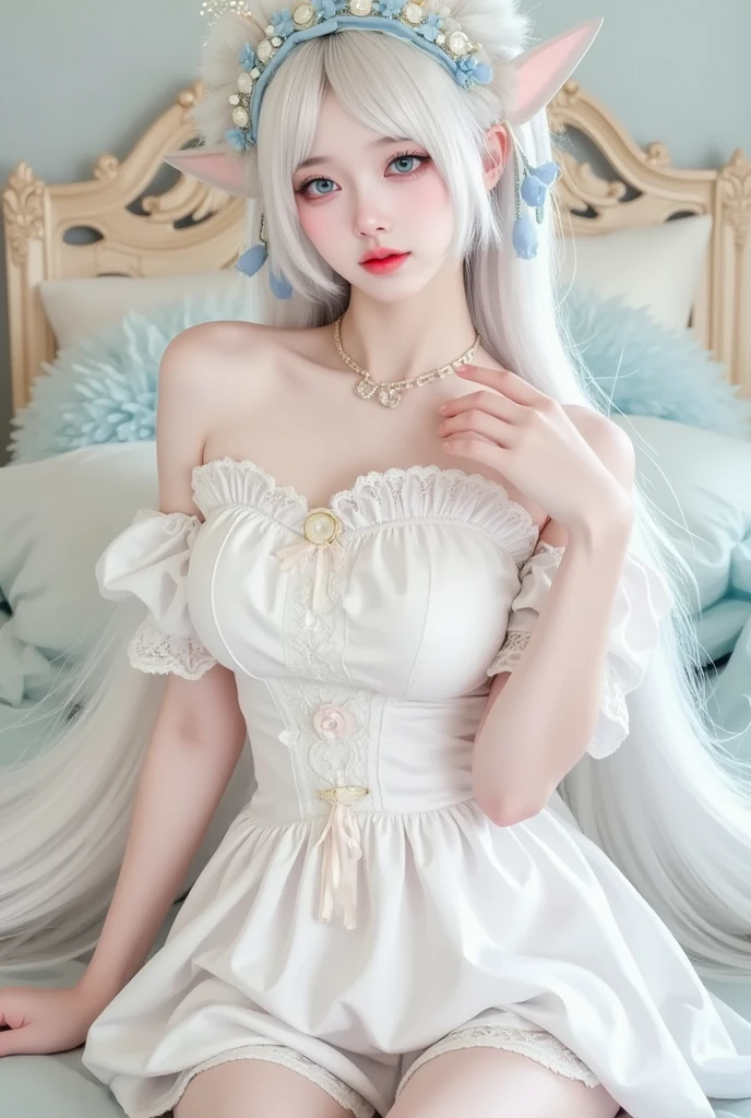 Best quality at best，超高分辨率，（真实感：1.4），（beuaty girl：1.4），Detailed facial details，Beautiful detailed eyes，Light yellow hair，coiffed blonde hair，light blue  eyes，Slim，Wearing a white and blue wedding dress，White wedding headscarf，haunting smile，Behind it is a cluster of white roses，chapel windows，Very meticulous clothes，Young and cute Korean face，with a round face，heart - shaped face，barbara（Genshin Impact），plain face，Real hands，anatomy correct，Qi bangs，Thick bangs，M bangs