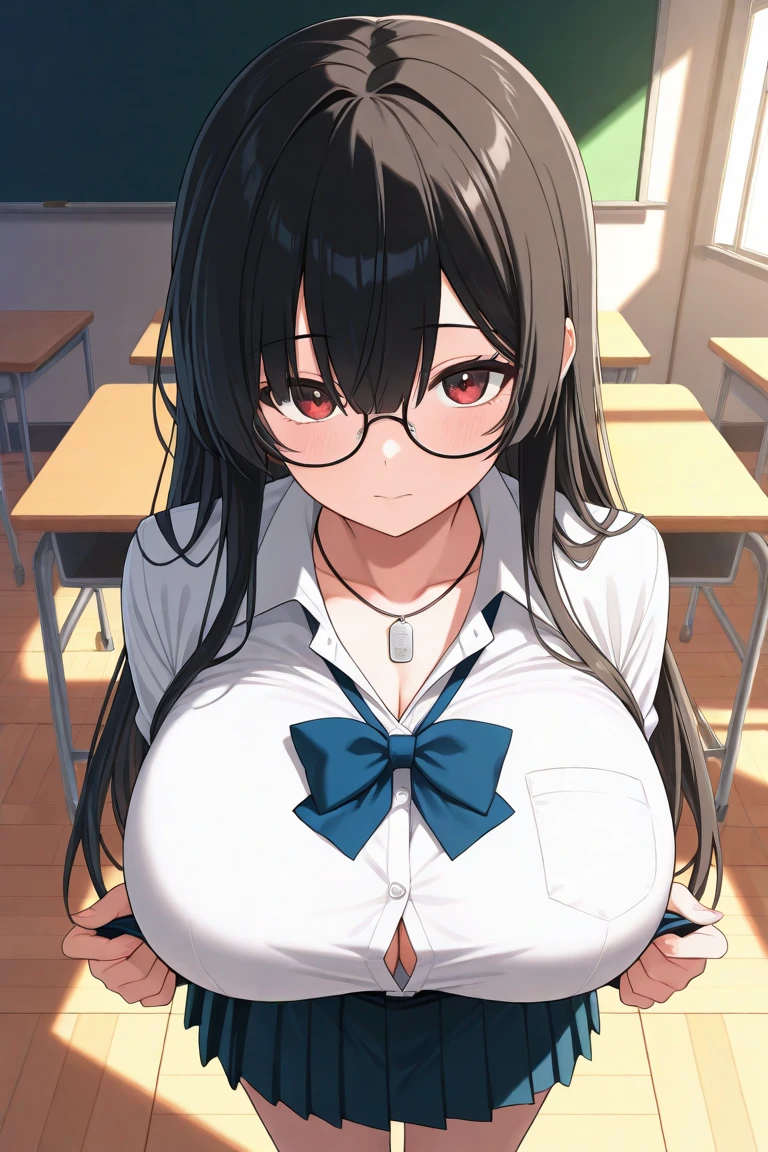 (1girl:1.3), Masterpiece, Best quality, amazing beauty, 4K, absurdres, finely detail, super detailed eye, perfect anatomy, official art, cinematic lighting, BREAK, coffee shop, half updo, black hair, super shiny detailed brown eyes, Looking at Viewer(camera), glasses, embarrassed, BREAK , big breasts, sitting, shoot from above, BREAK , (cheerleader:1.2), BREAK,()