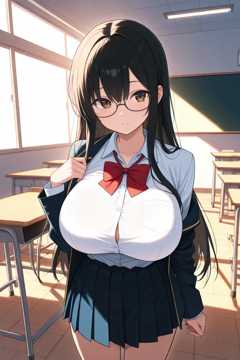 (8K, best quality, masterpiece:1.2),High quality CG Unity 8K Large file size,Very detailed,high resolution,beautiful eyes,Ray Tracing,Dramatic shadows,Finely,Ultra Detail,(1 girl), Japanese cartoons, Perfect body, Large Breasts, Black Hair, Weaving, Glasses, (Sailor Suit:1.2), Smile, Inside the library,