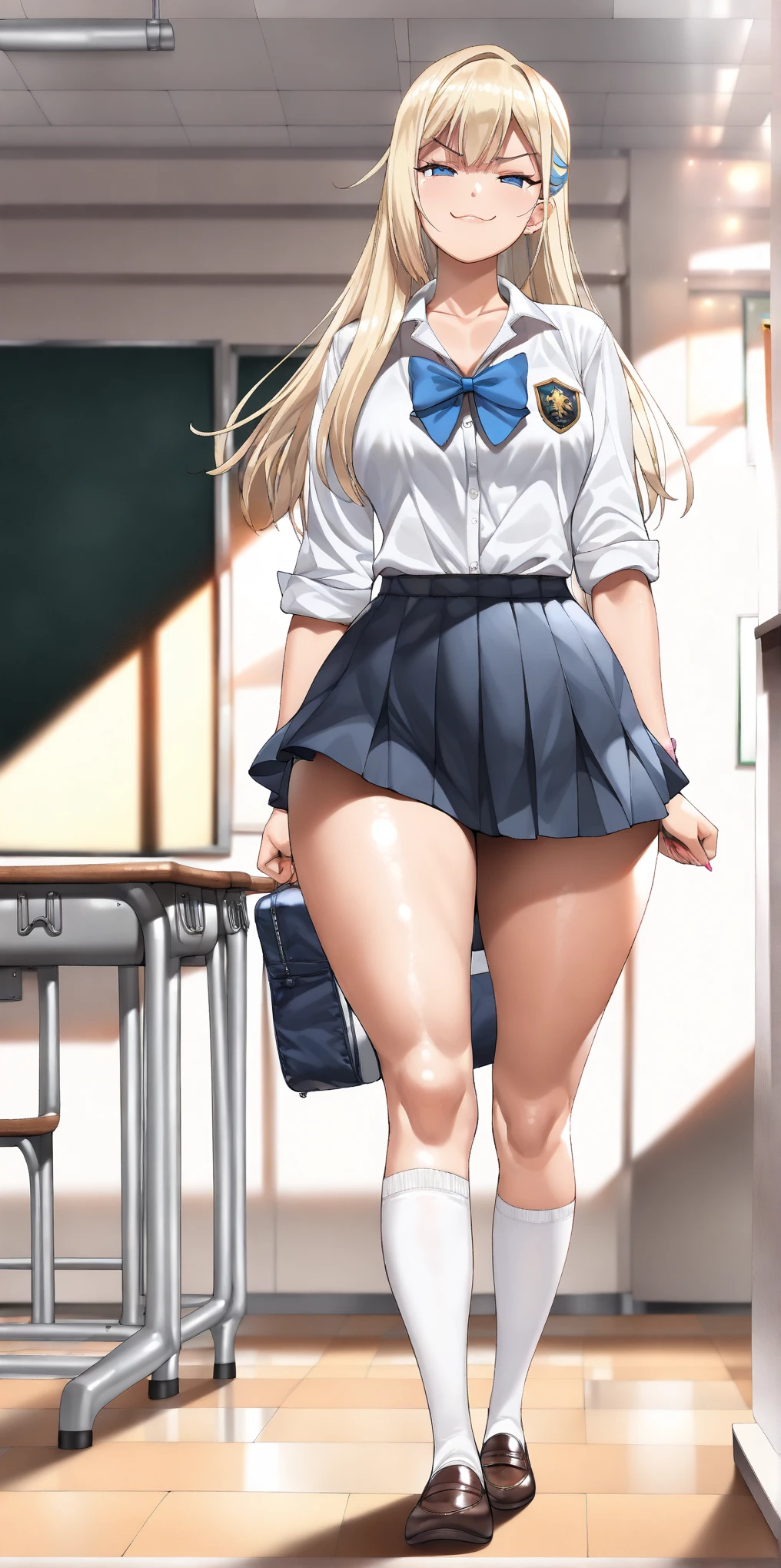 Tan skin, tan body, tan, gal, gyaru, jk, large breasts, thick thighs, wide hips, 1girl, blonde hair, ponytail, short ponytail, ass, from behind, schoolgirl, school uniform, skirt, socks, white socks, side ponytail, pervert, smug, smirk, smile, miniskirt, loose socks, (full body), full boddy, kogal, leg warmers