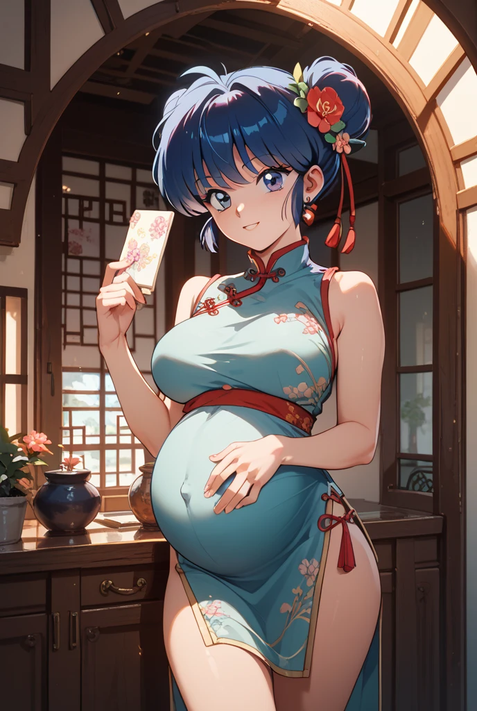(Masterpiece, best quality: 1.2), solo, female focus, pregnant milf, calm expression, charming eyes, straight hair (edghanfu wearing edghanfu), (Chinese style), (ancient Chinese background), porcelain-like skin, subtle blush