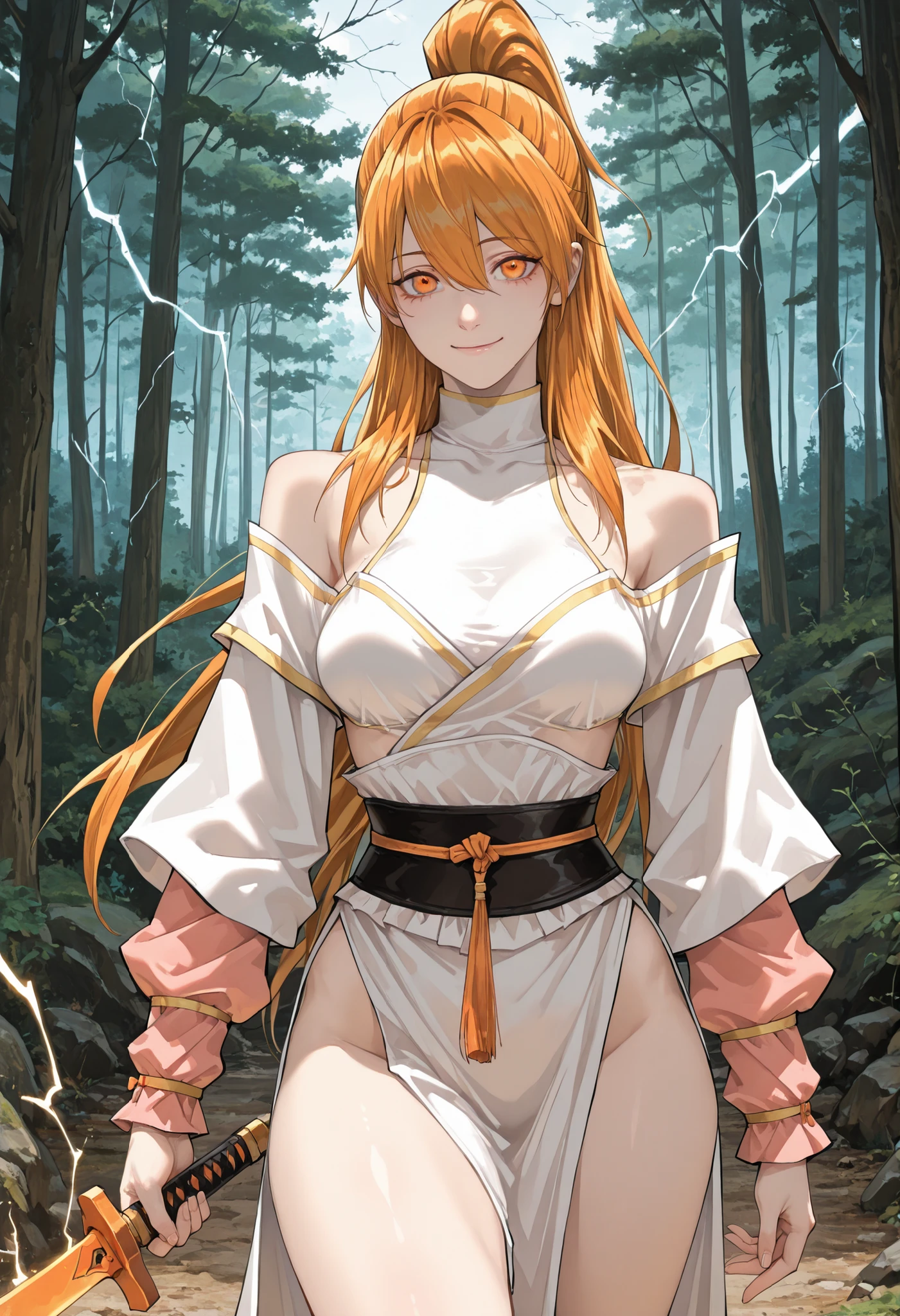 xiaoninger, 1girl, ponytail, long hair, orange hair, bangs, orange eyes, breasts, hair between eyes, outdoors, forest, standing, looking at viewer, holding Chinese sword, lightning on sword blade, confident smile, detailed hands, beautiful, attractive, sexy, very pretty , best quality , masterpiece , ultra detailed , very aesthetic