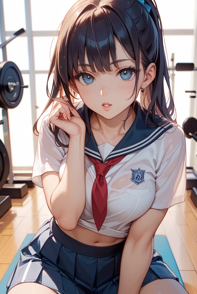 (Highest quality:1.2, Very detailed, Digital illustration, High Detail, masterpiece:1.2, Highest quality, Best aesthetics), (((1 Girl))), JK, Sailor suit, Pleated skirt, Open your mouth:1.2, Showing tongue, smile, (Black Hair, Braid), Dynamic Angle, Friendly atmosphere, Beautiful Hair, Shiny Hair, Beautiful Skin, Detailed face and eyes, Glossy Lips, Curvy Women, On all fours:1.2, gym, Looking up, Accurate fingering, Light and shadow with attention to detail, Background Blur.
